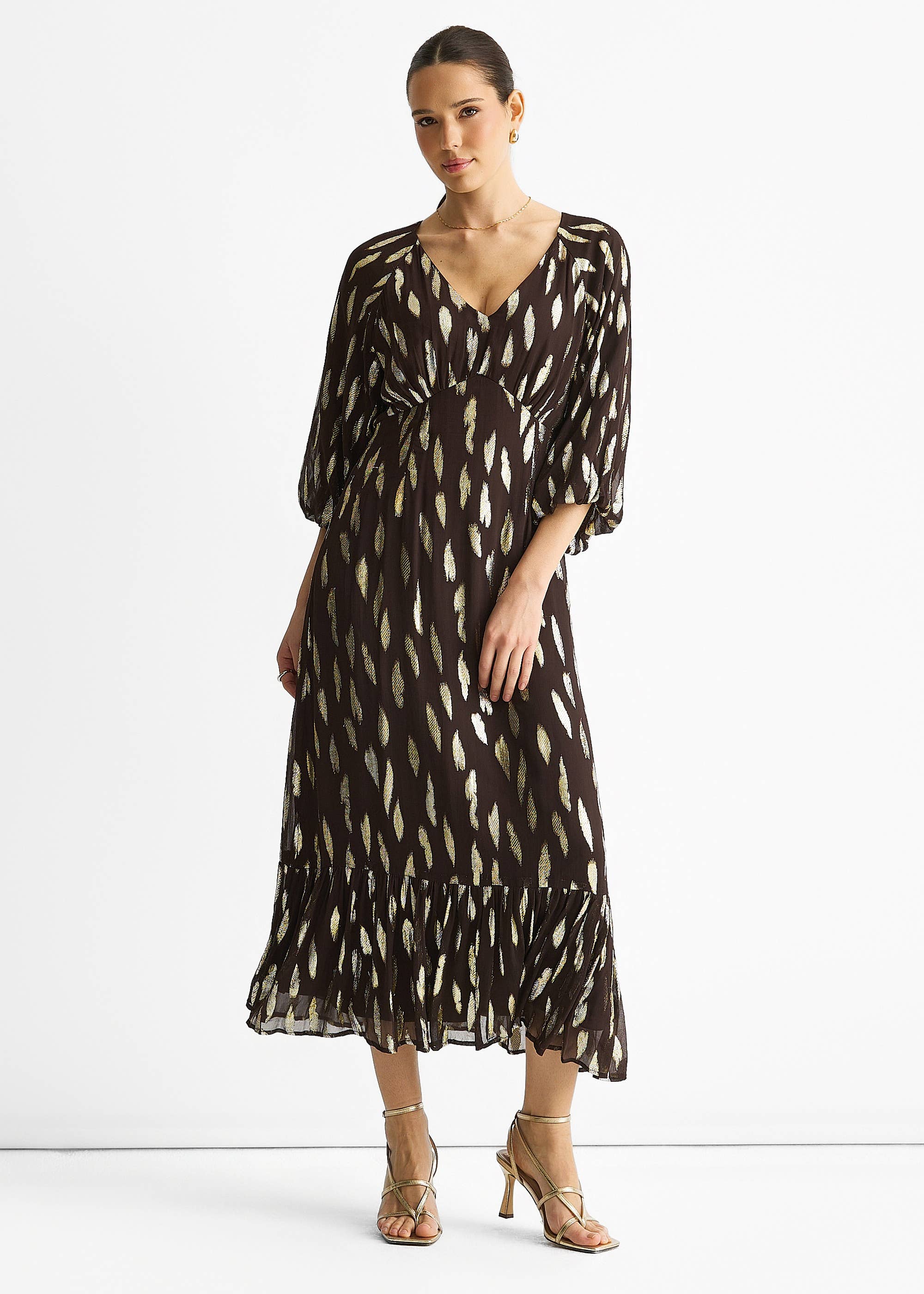 Chocolate Viscose Clipped Balloon Sleeve Maxi Dress
