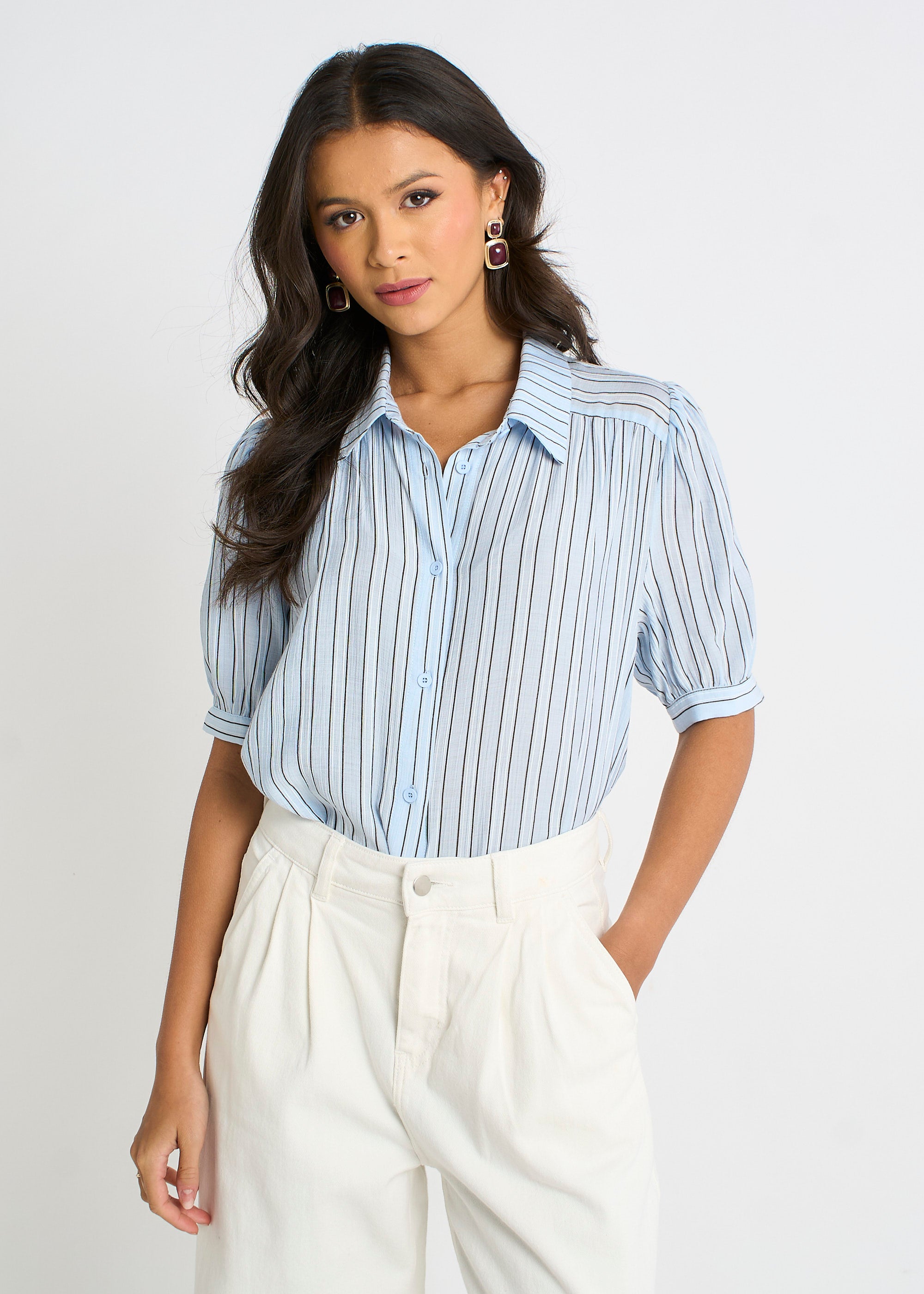 Pinstripe Soft Touch Puff Sleeves Shirt