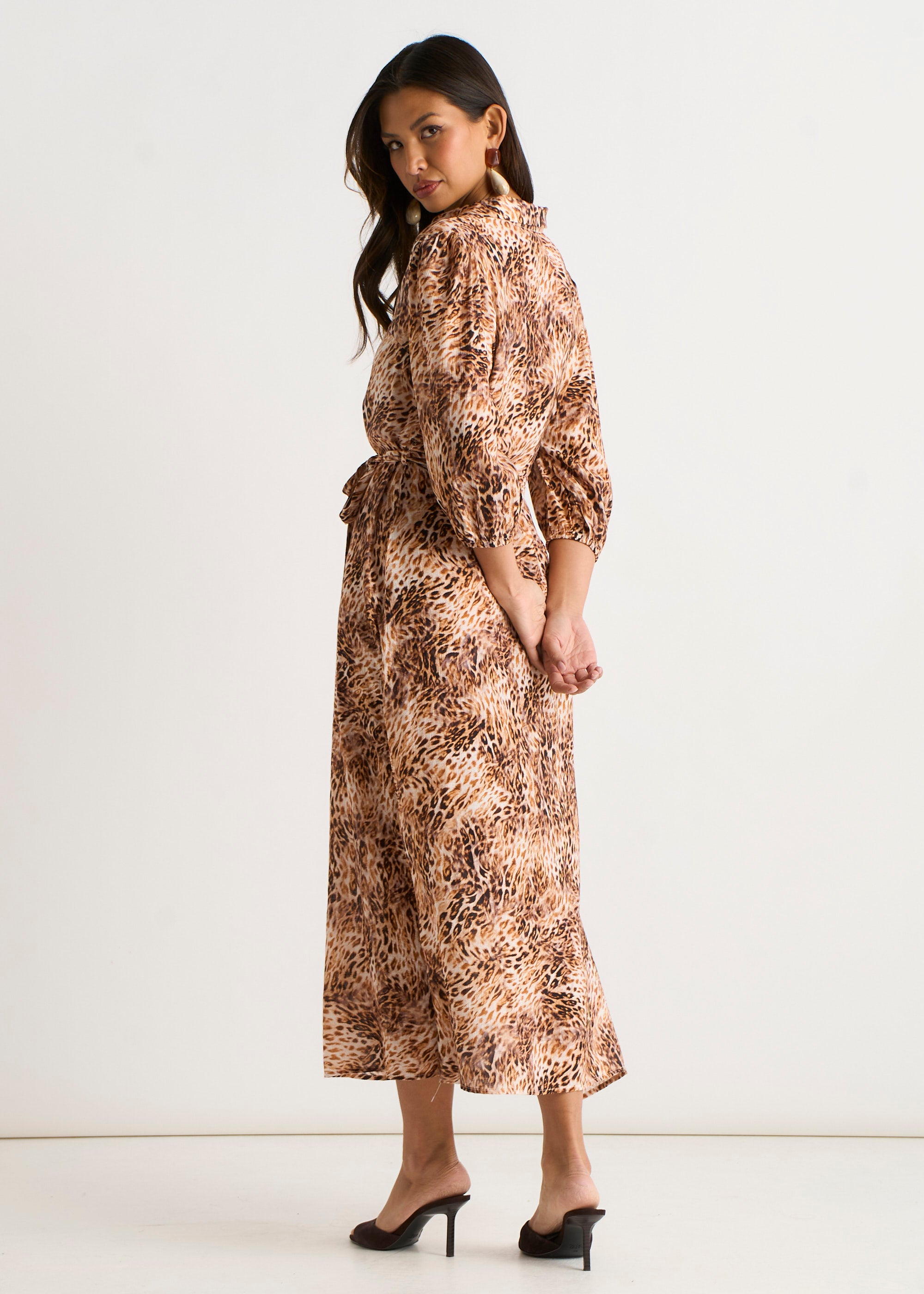 Brown Animal Printed Shirt Midi Dress