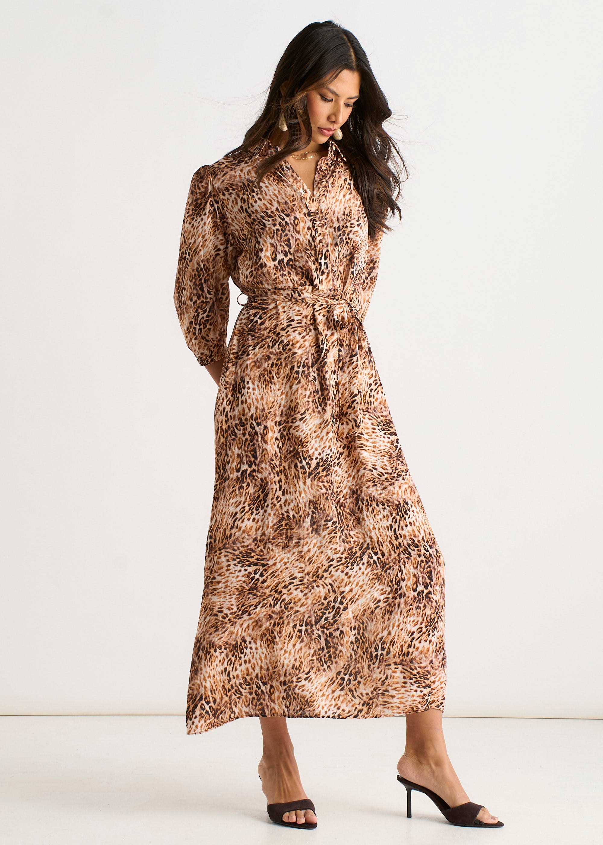 Brown Animal Printed Shirt Midi Dress