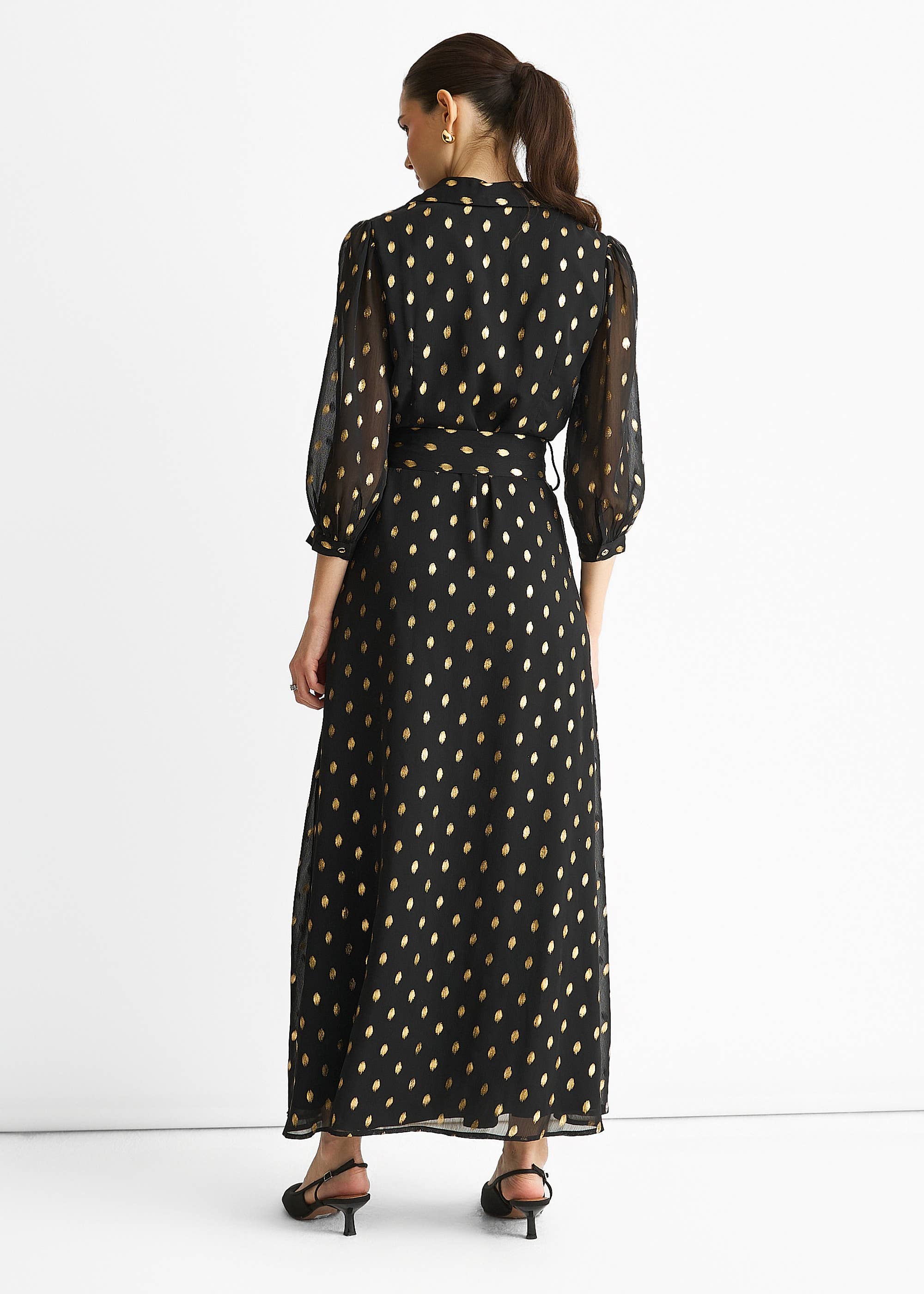 Black Chiffon Foil Belted Maxi Shirt Dress