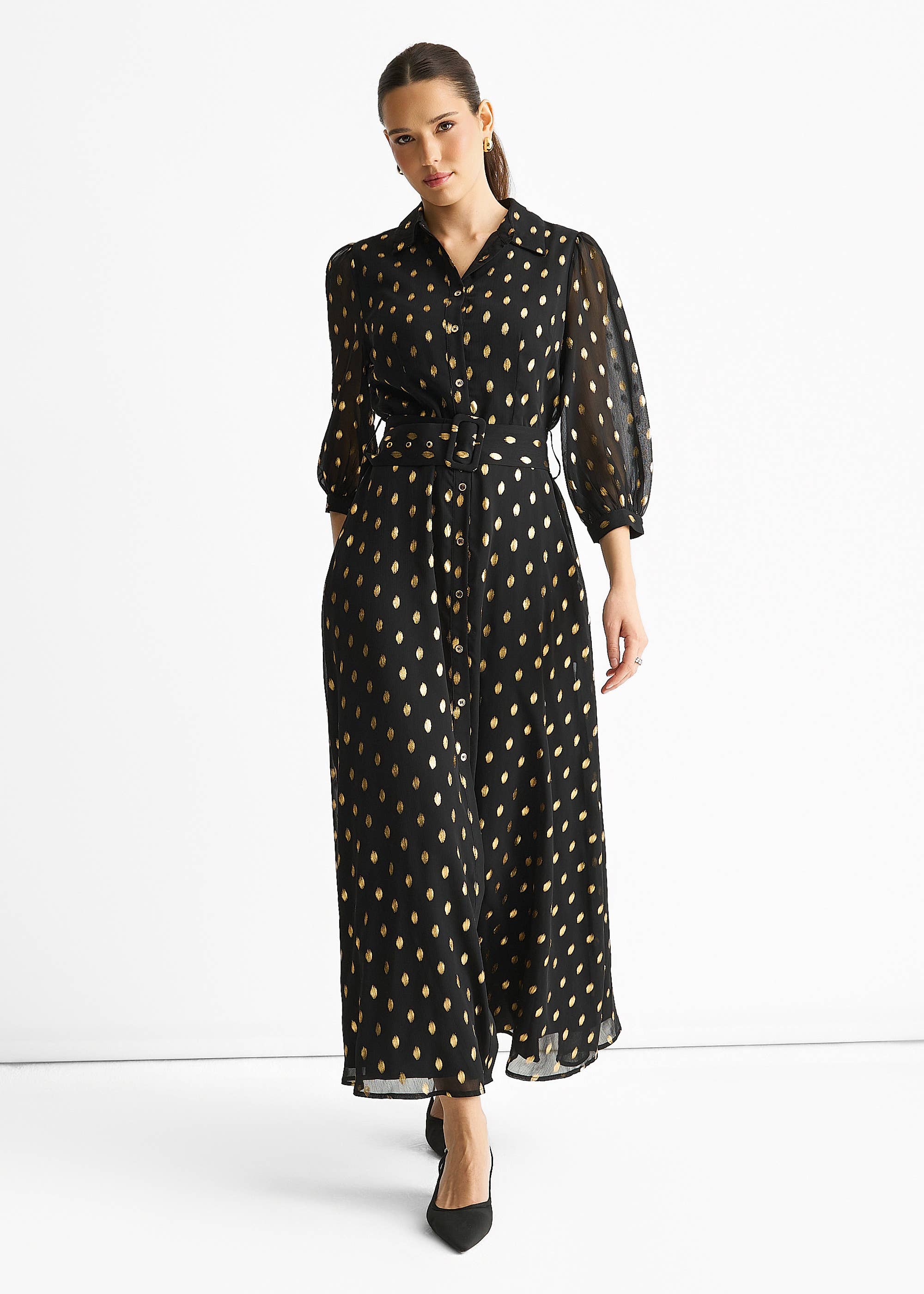 Black Chiffon Foil Belted Maxi Shirt Dress