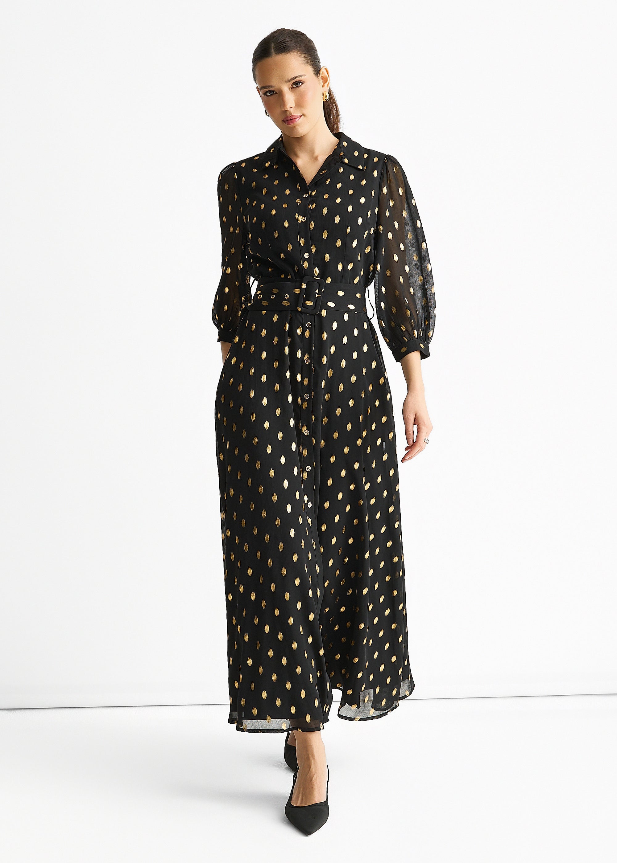 Chiffon Foil Belted Maxi Shirt Dress