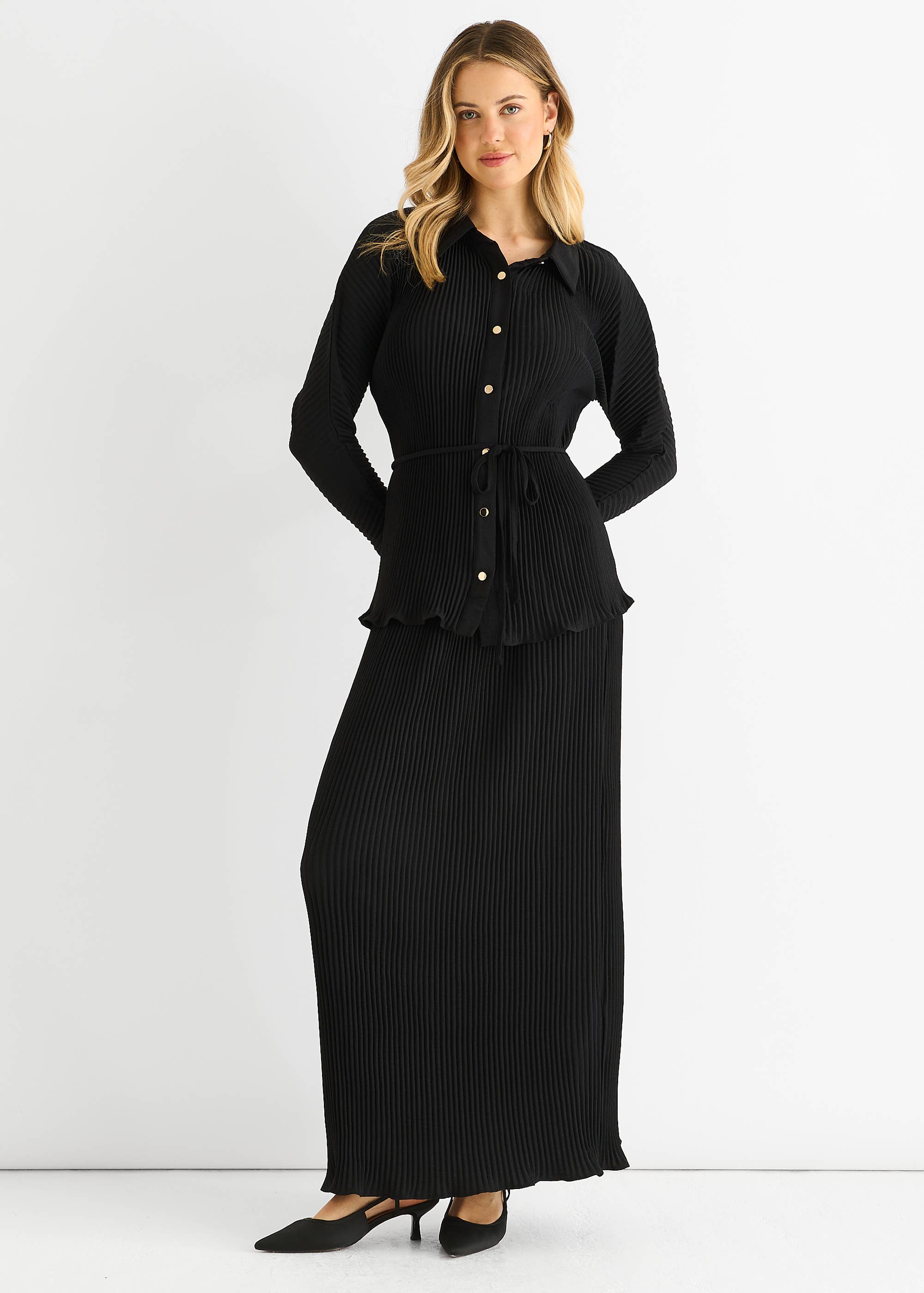 Black Plisse Button Through Shirt