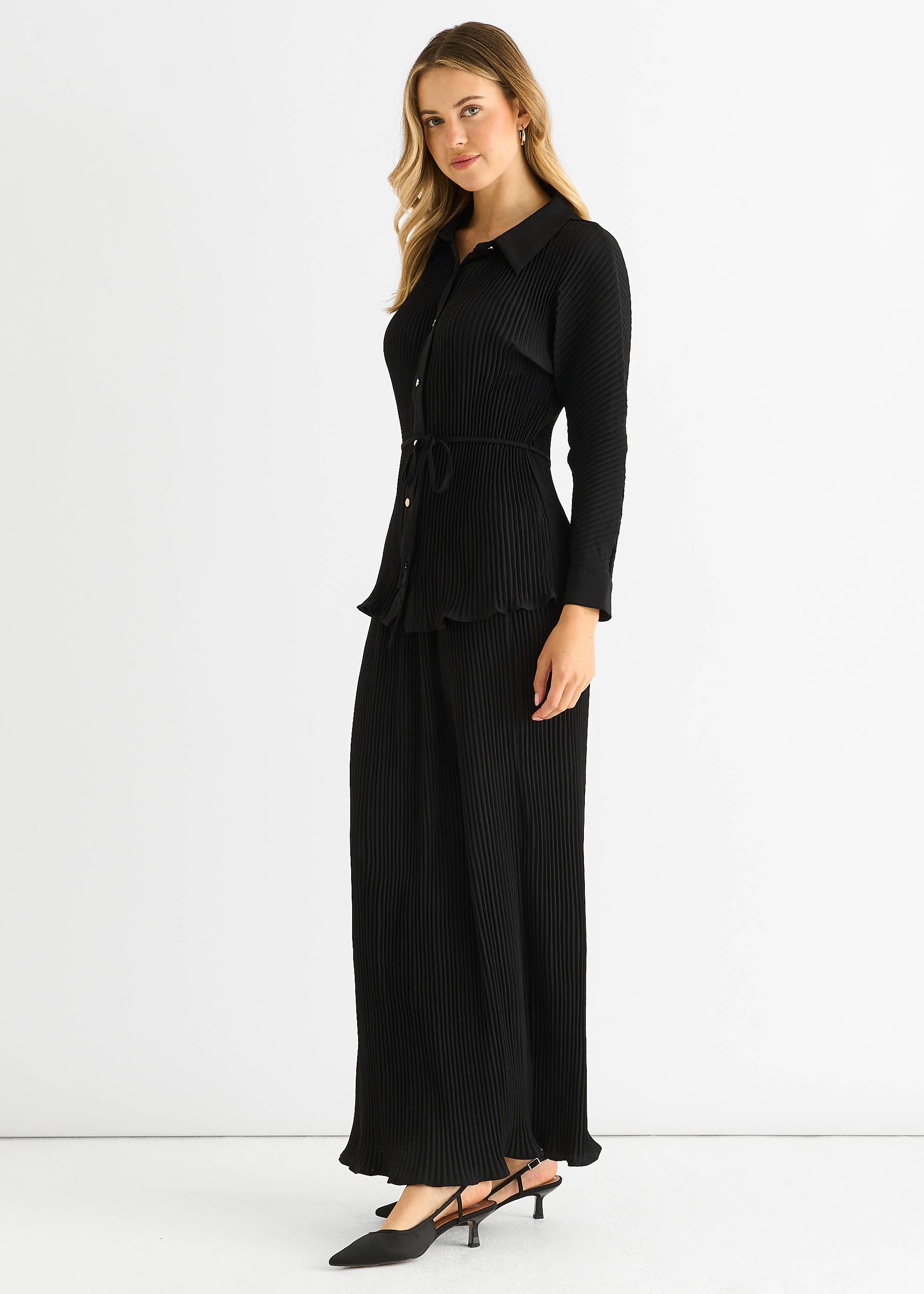 Black Plisse Button Through Shirt