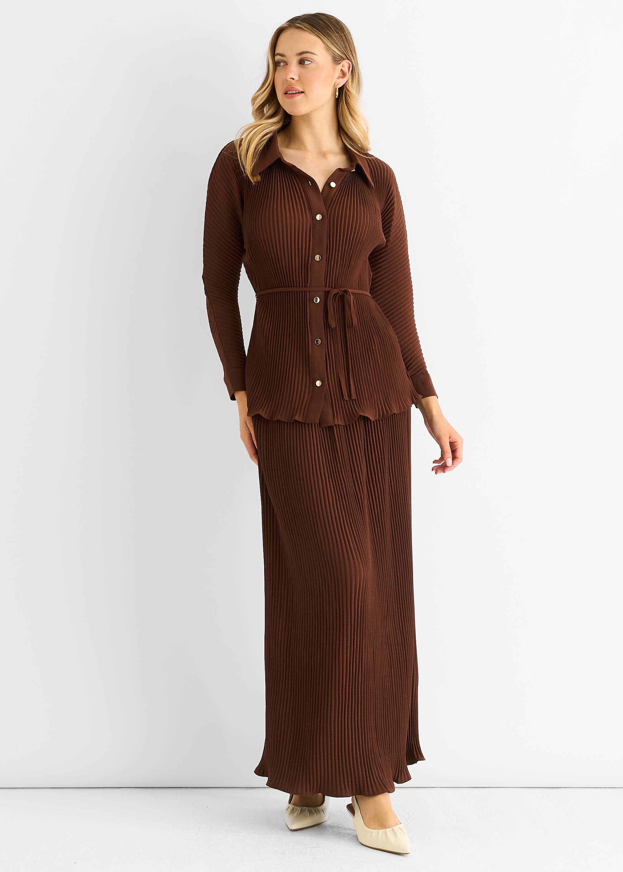 Chocolate Plisse Button Through Shirt