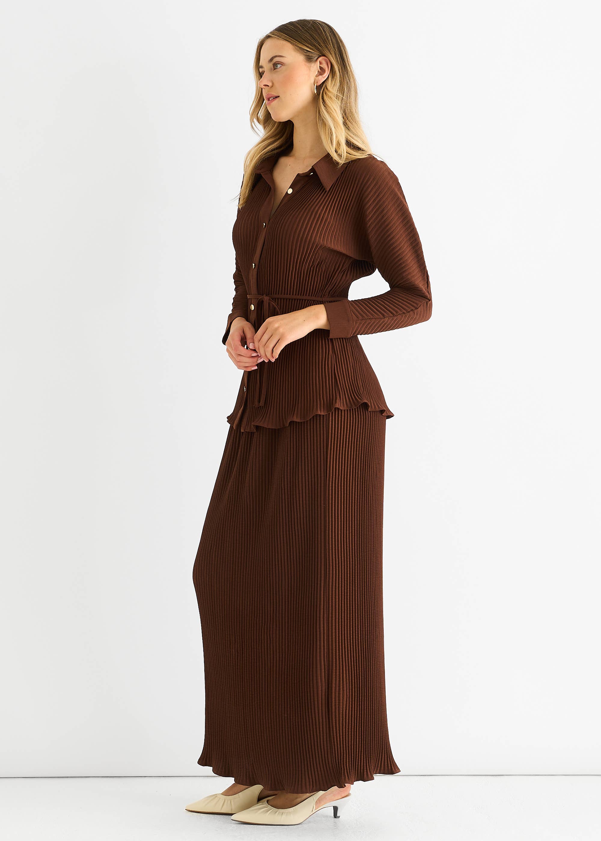 Chocolate Plisse Button Through Shirt