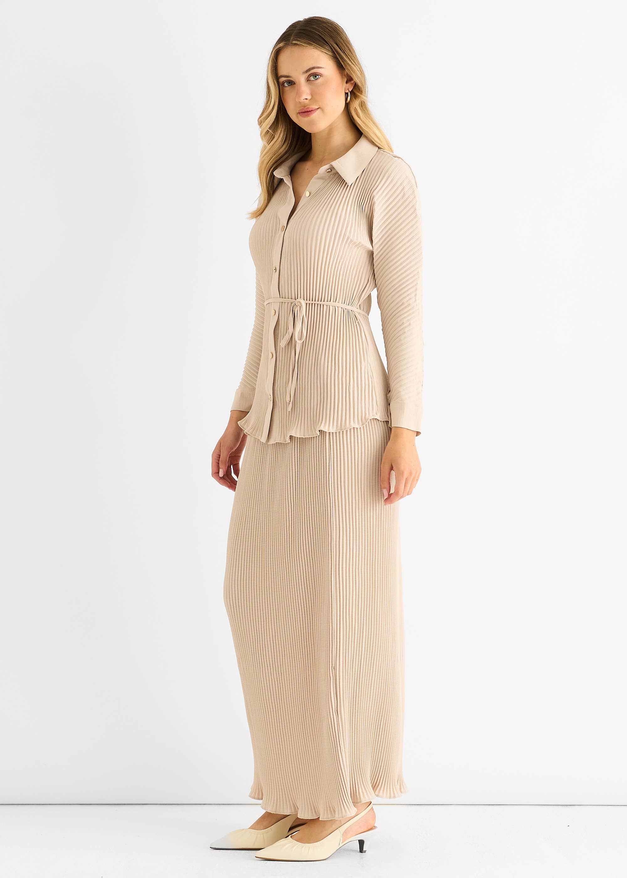 Beige Plisse Button Through Shirt