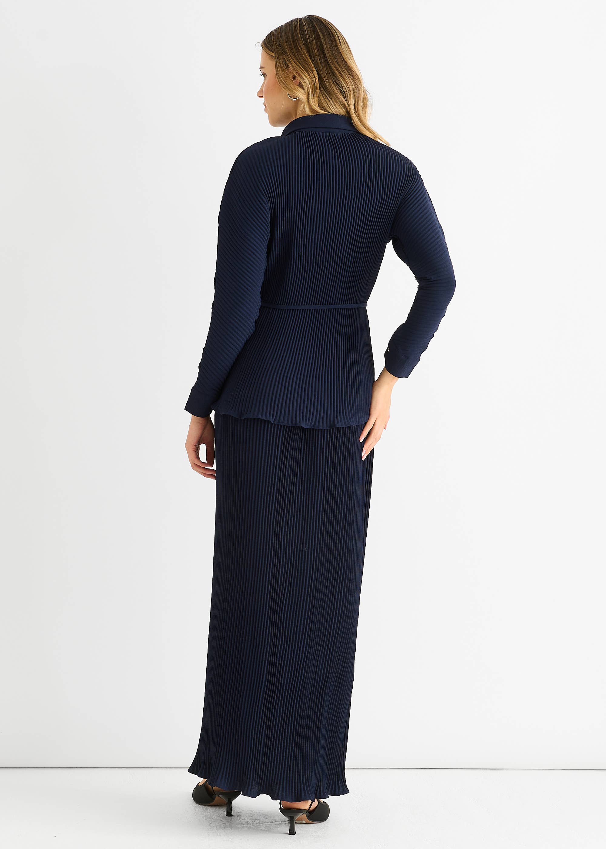 Navy Plisse Elasticated Waist Maxi Skirt