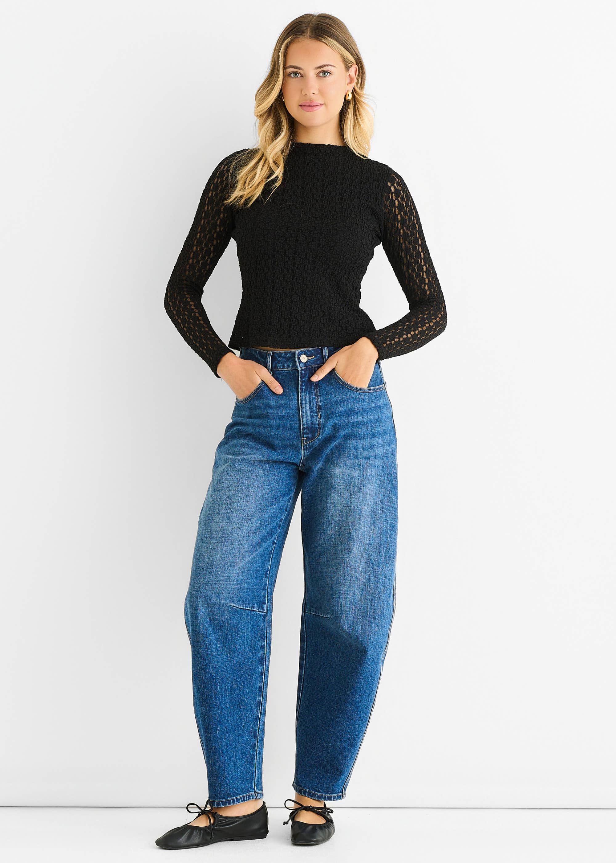 Black High Neck Jersey Lace Long Sleeve Top