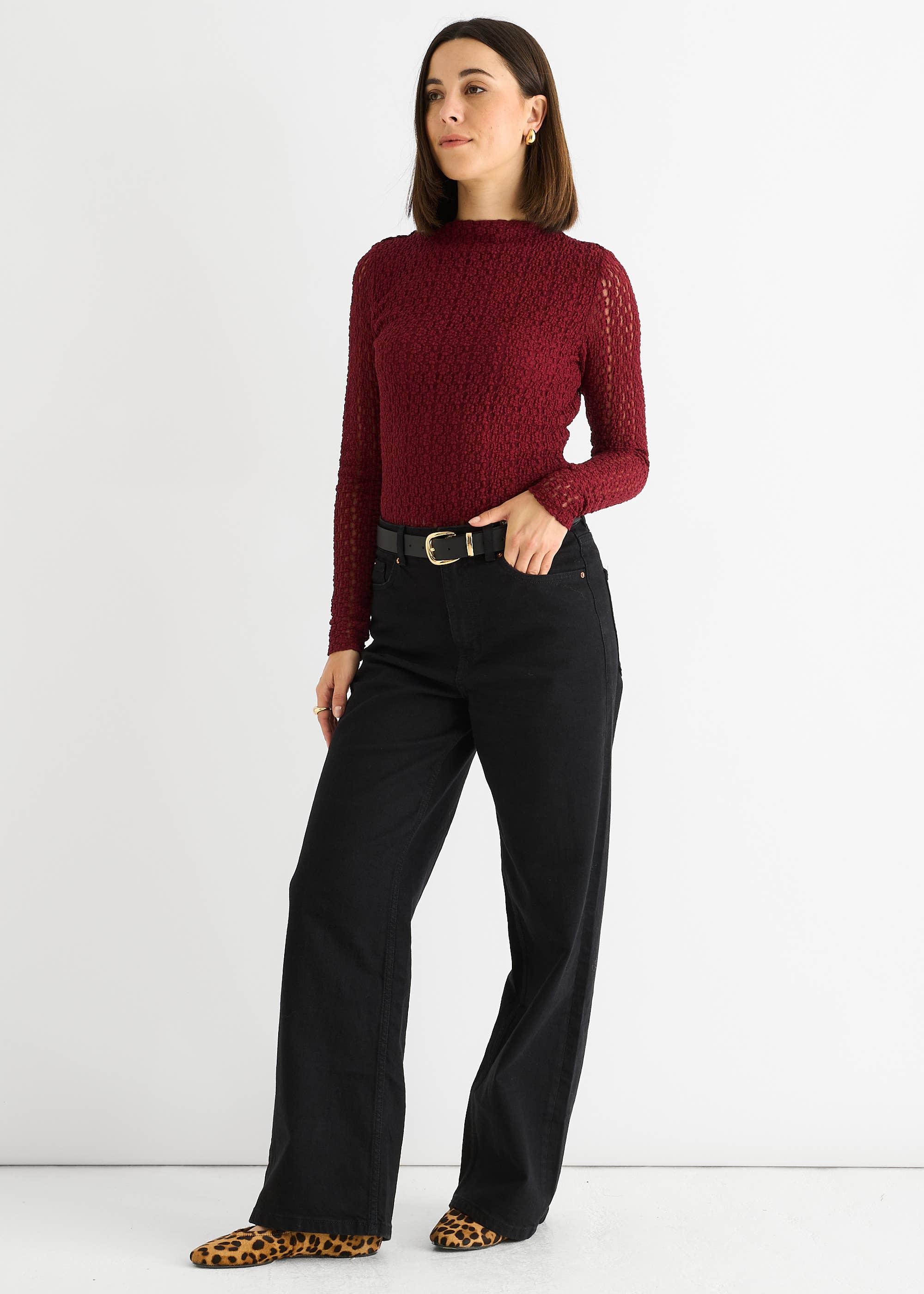 Burgundy High Neck Jersey Lace Long Sleeve Top