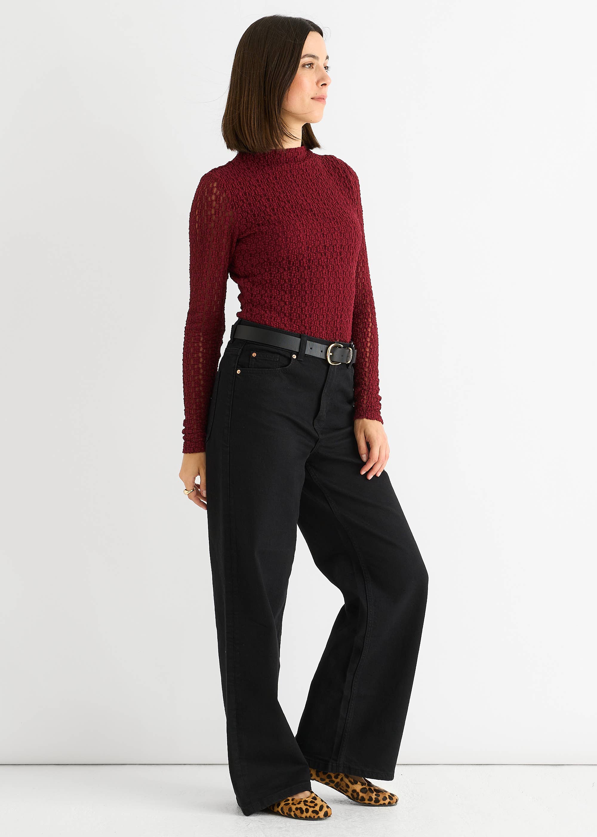 Burgundy High Neck Jersey Lace Long Sleeve Top