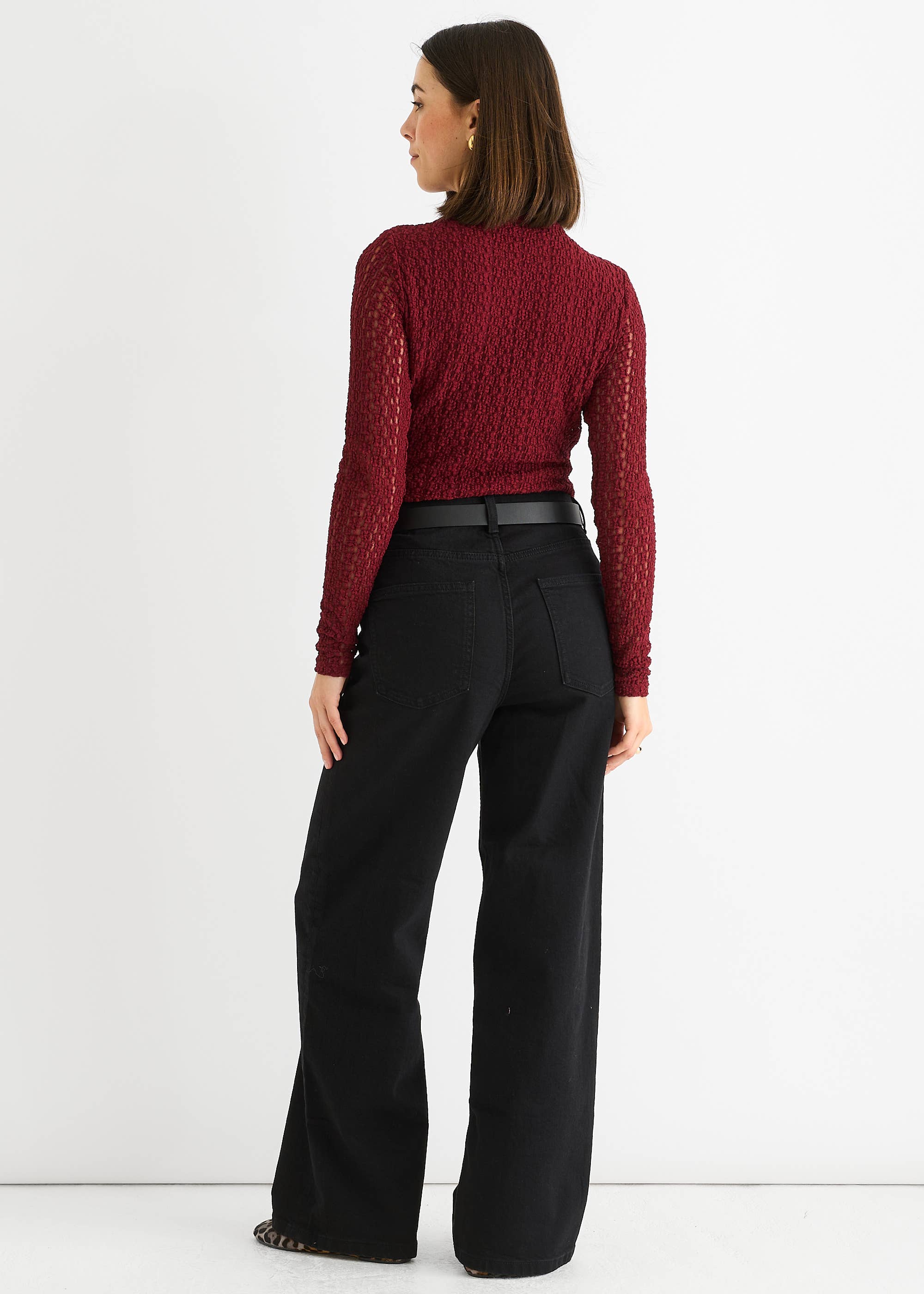 Burgundy High Neck Jersey Lace Long Sleeve Top