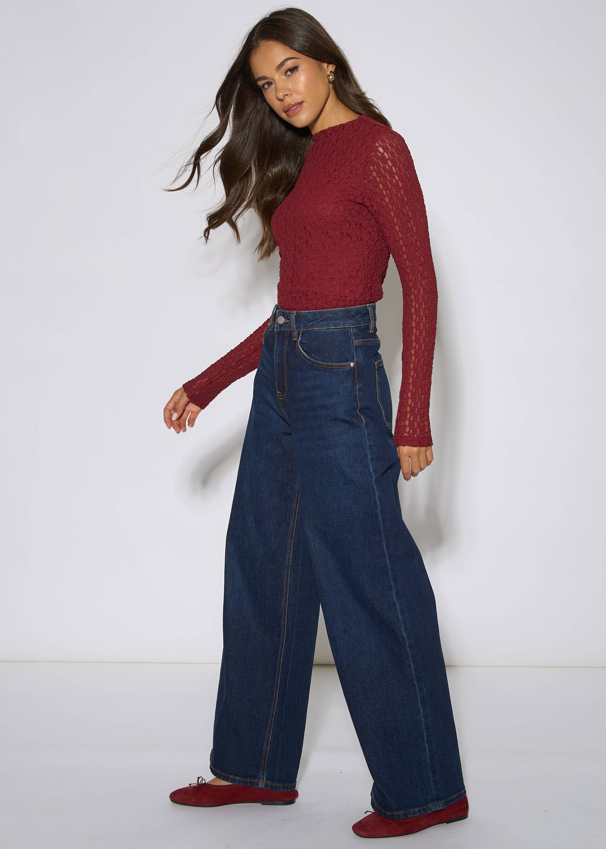 Burgundy High Neck Jersey Lace Long Sleeve Top