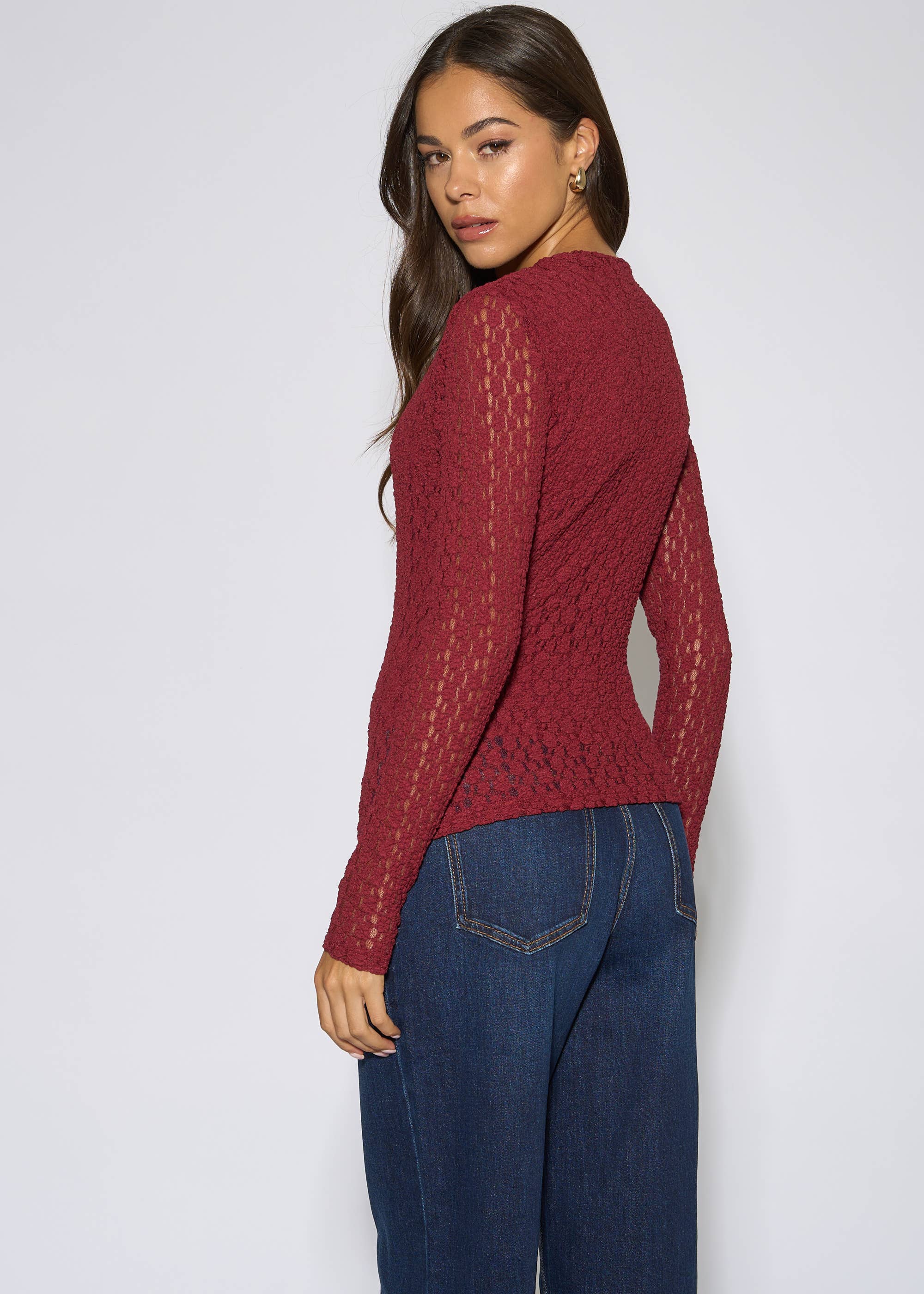 Burgundy High Neck Jersey Lace Long Sleeve Top