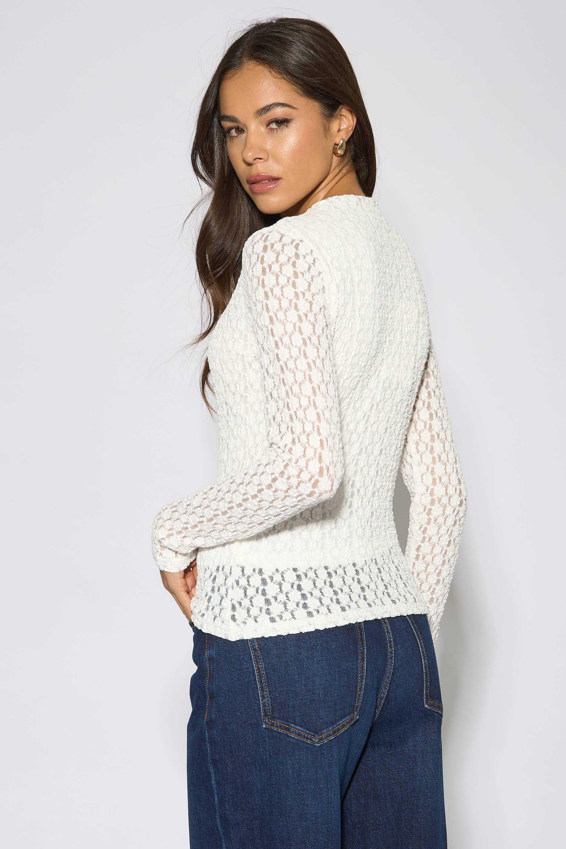 White High Neck Jersey Lace Long Sleeve Top