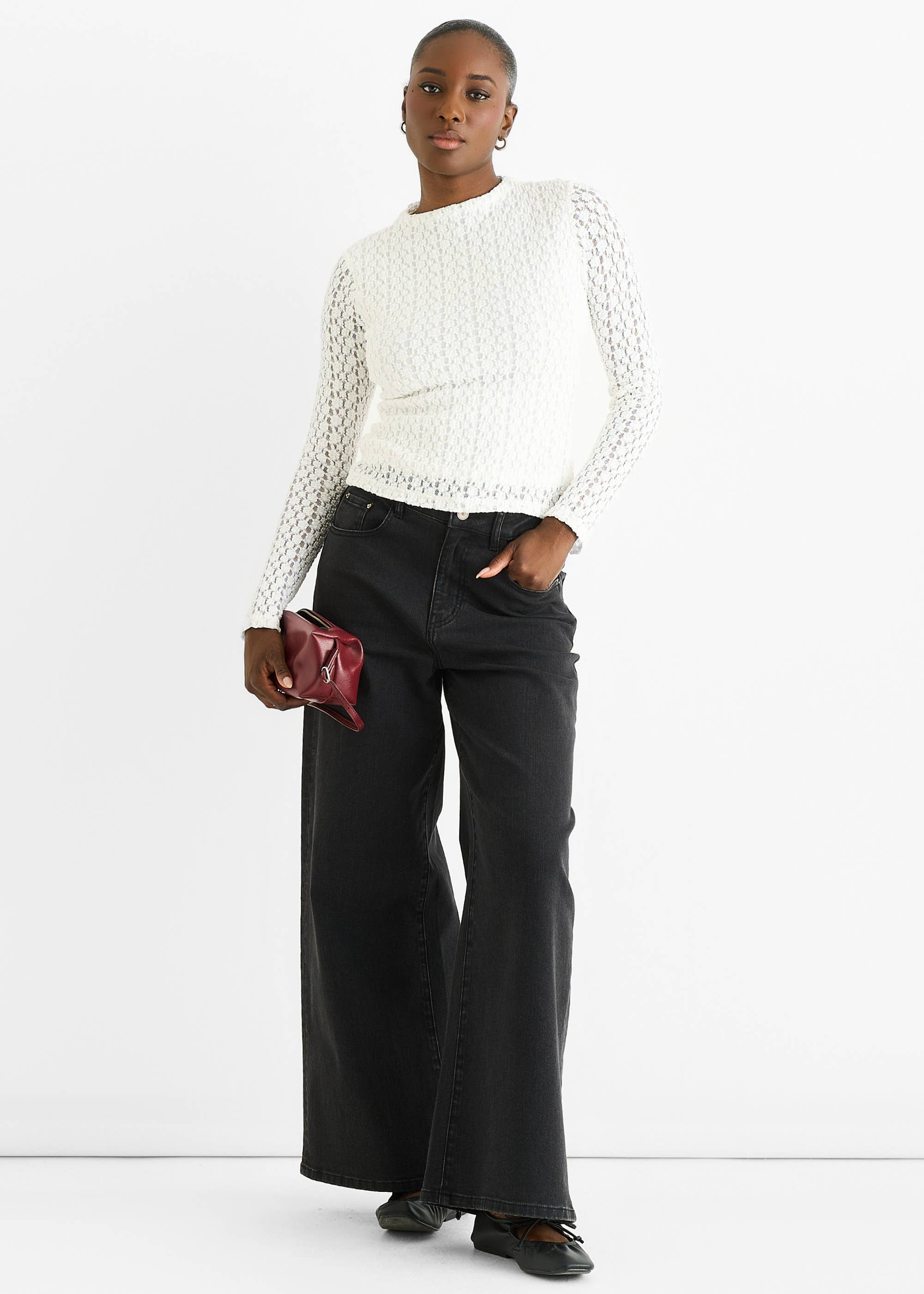 White High Neck Jersey Lace Long Sleeve Top
