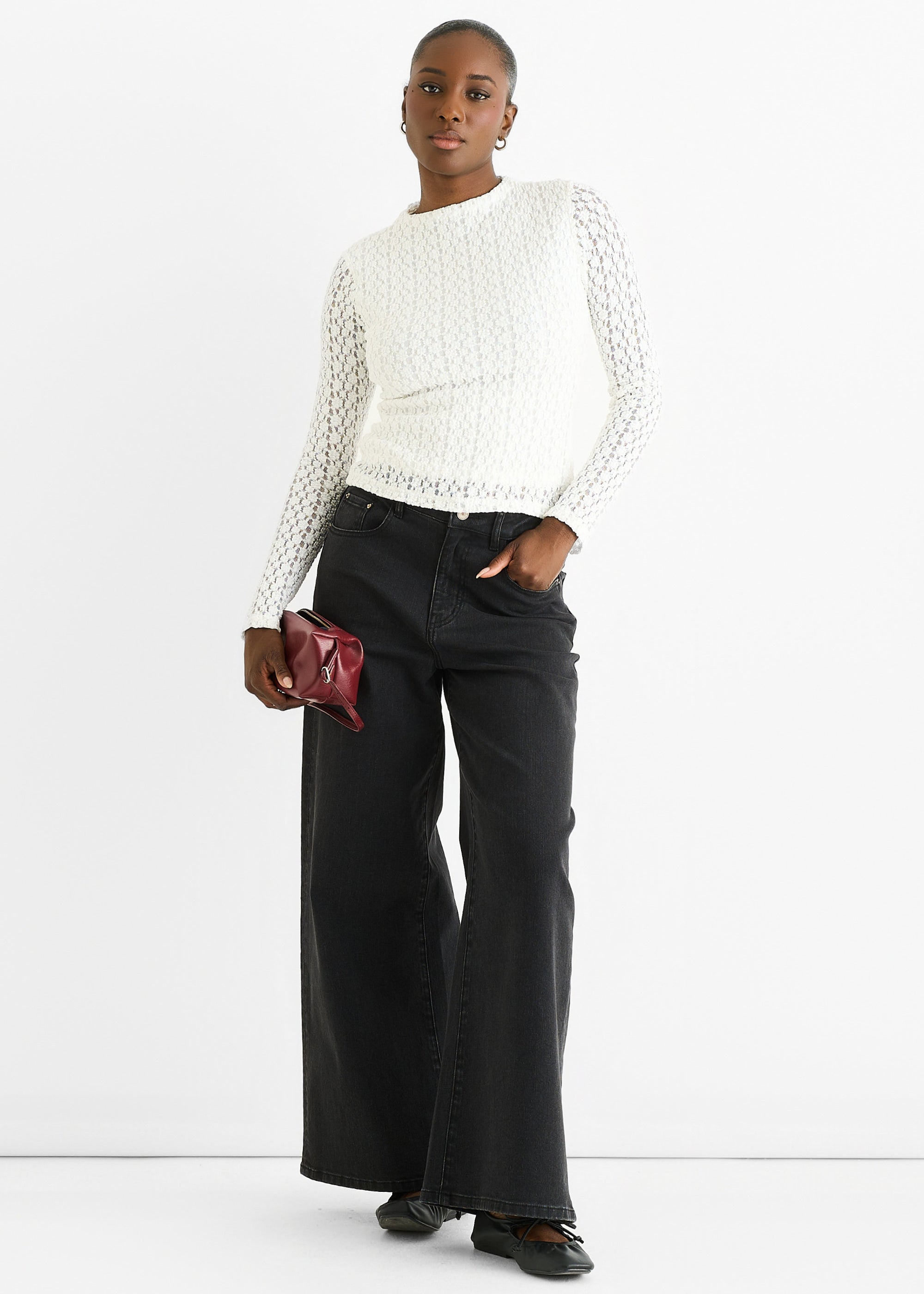 White High Neck Jersey Lace Long Sleeve Top