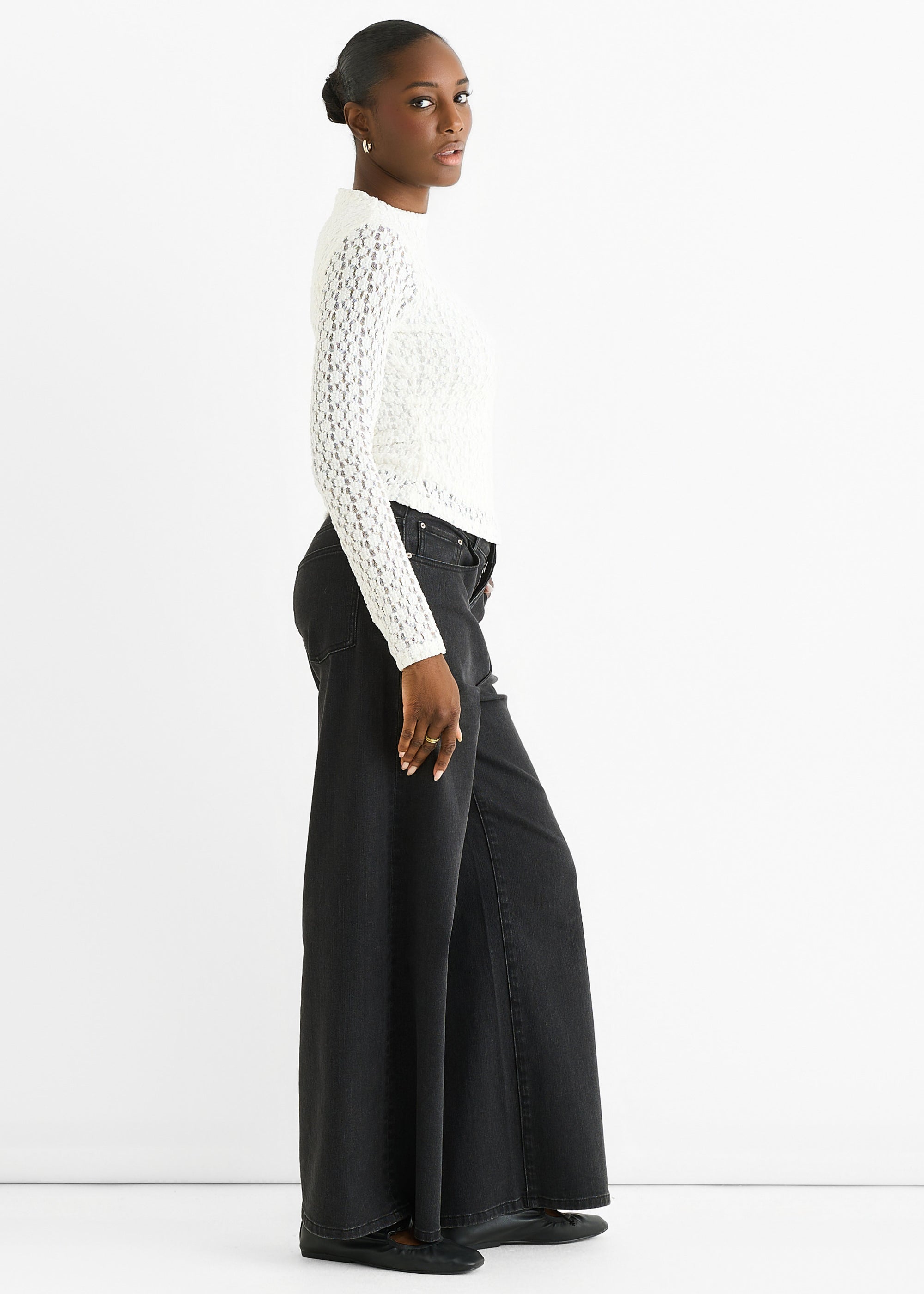 White High Neck Jersey Lace Long Sleeve Top