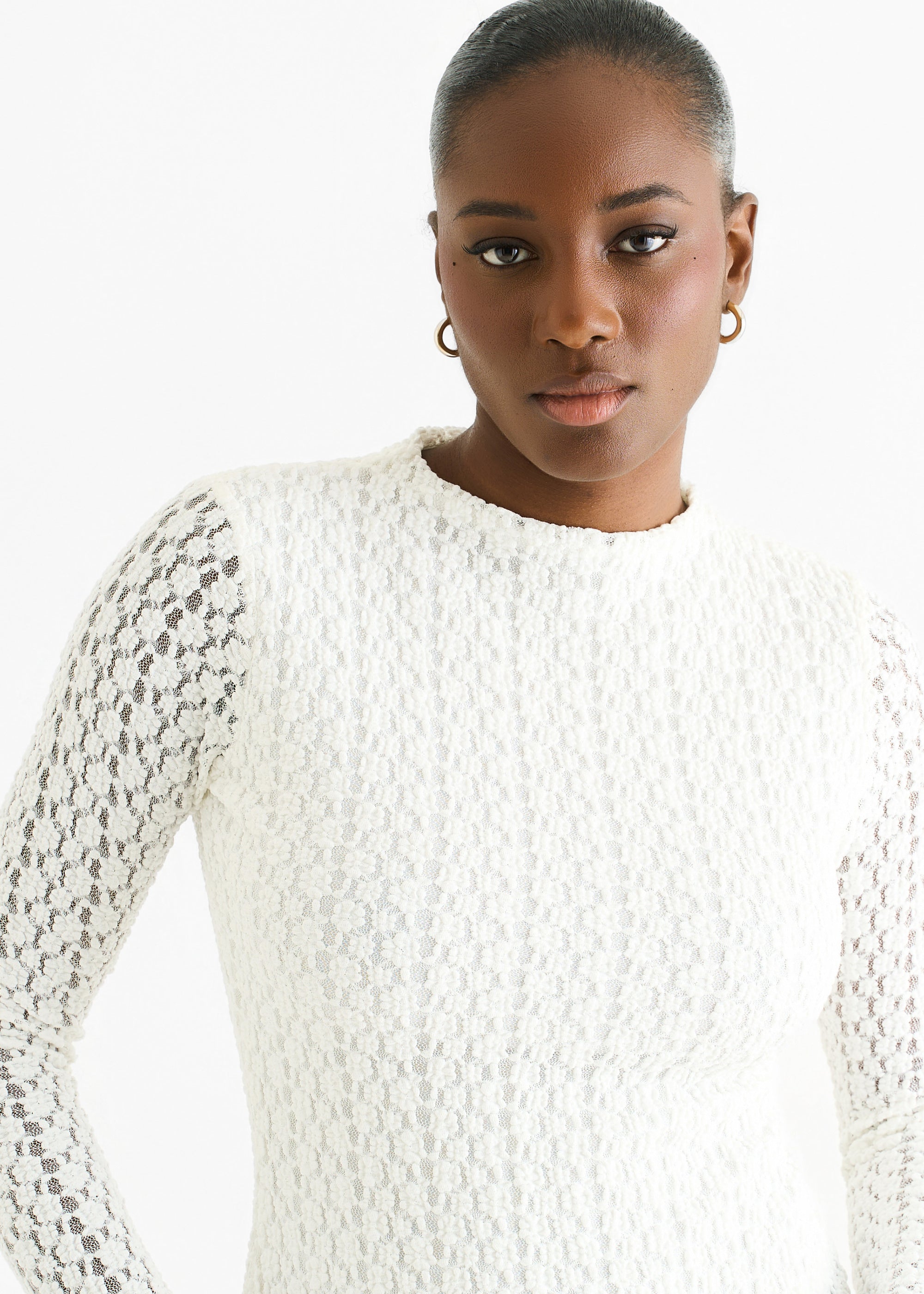 White High Neck Jersey Lace Long Sleeve Top