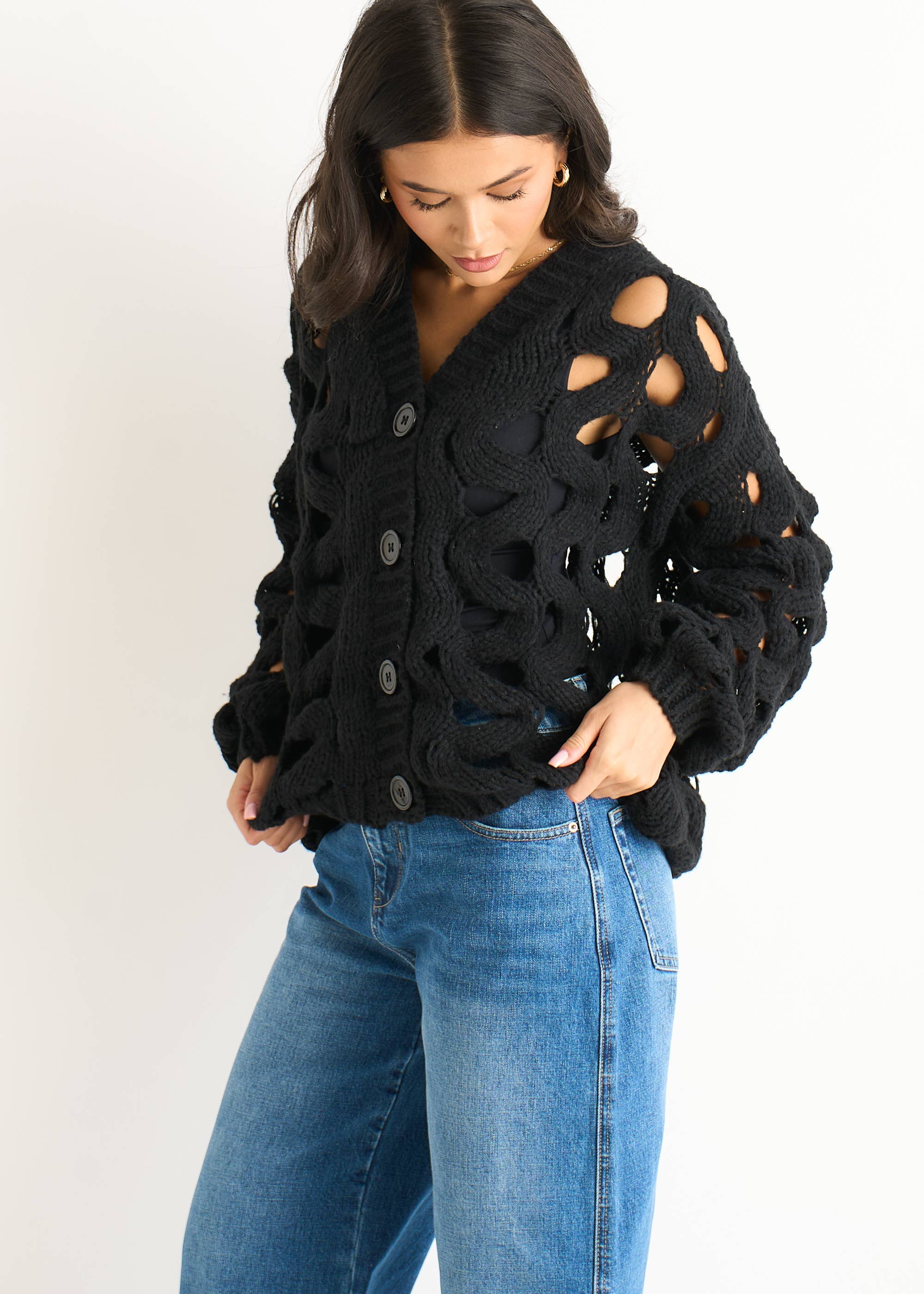 Black Hollow Chunky Knit Cardigan