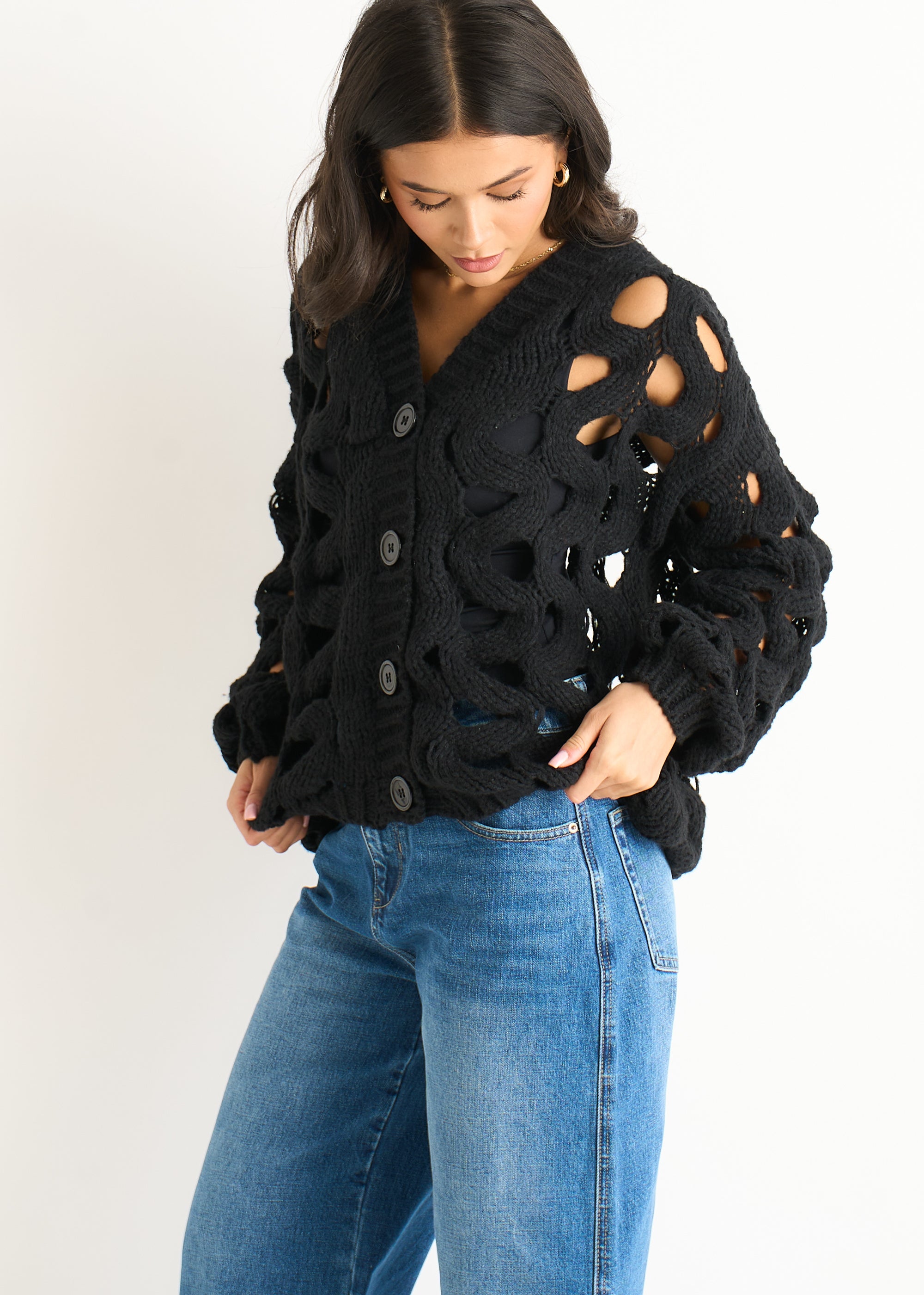 Black Hollow Chunky Knit Cardigan