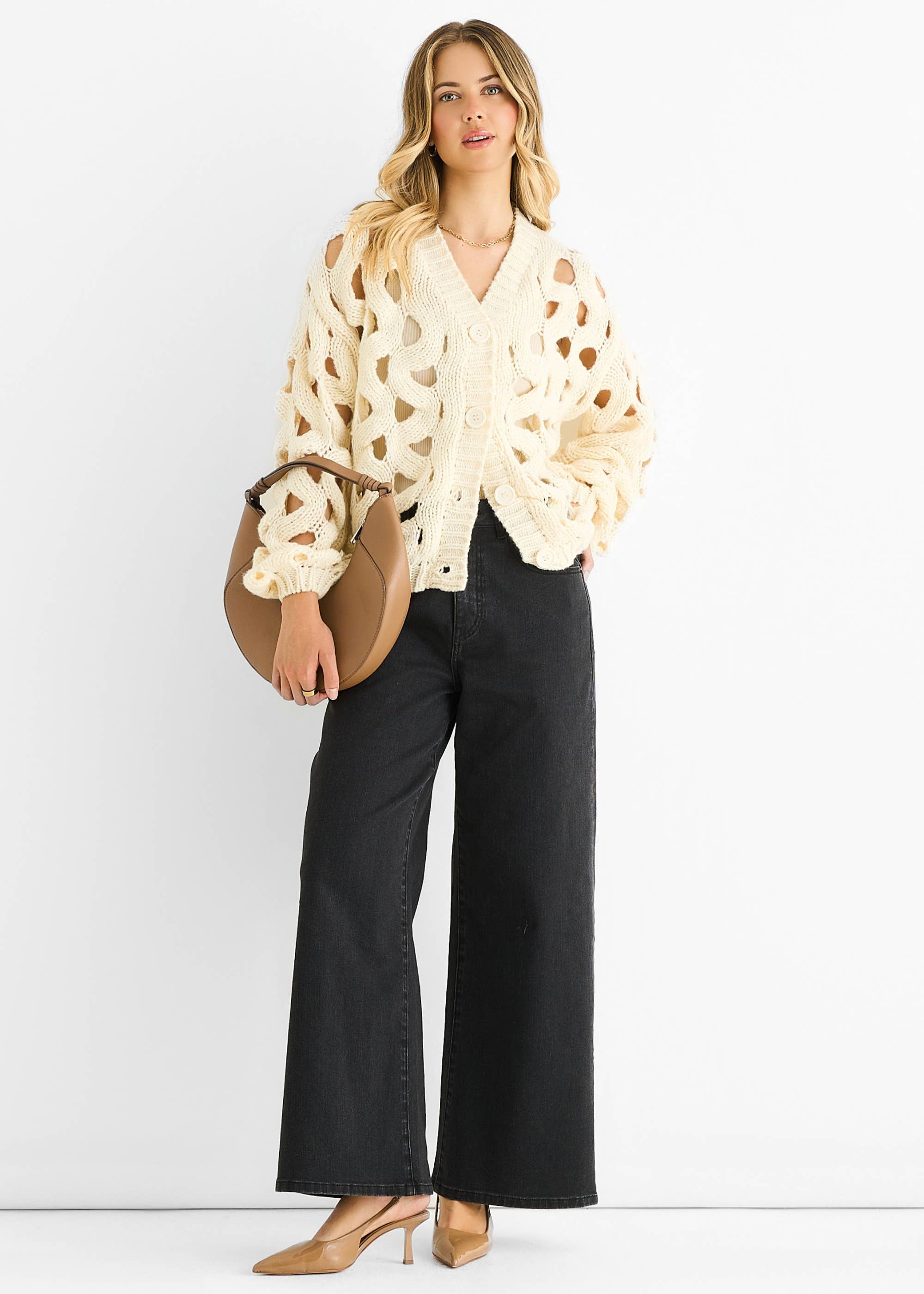 Cream Hollow Chunky Knit Cardigan