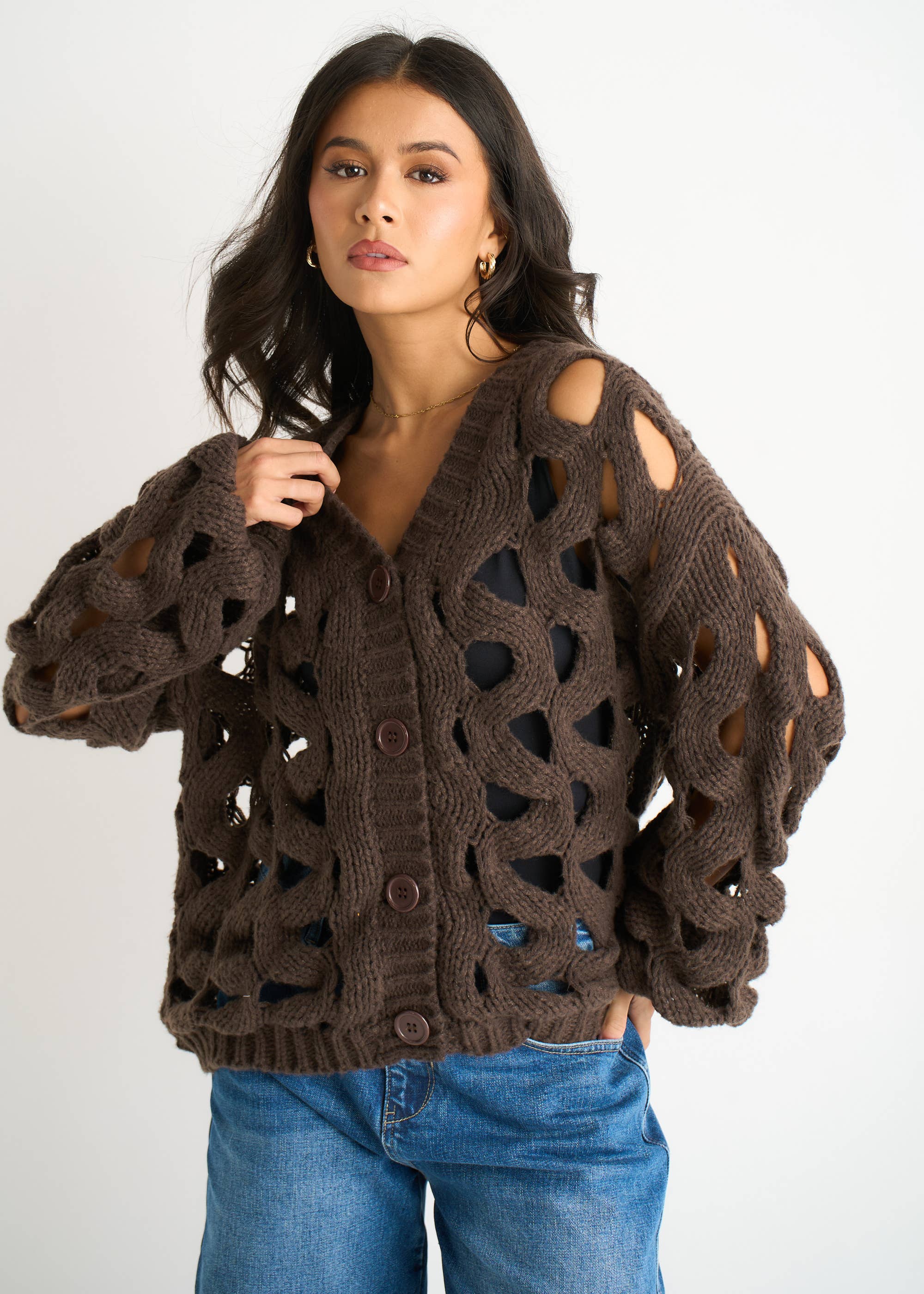 Chocolate Hollow Chunky Knit Cardigan