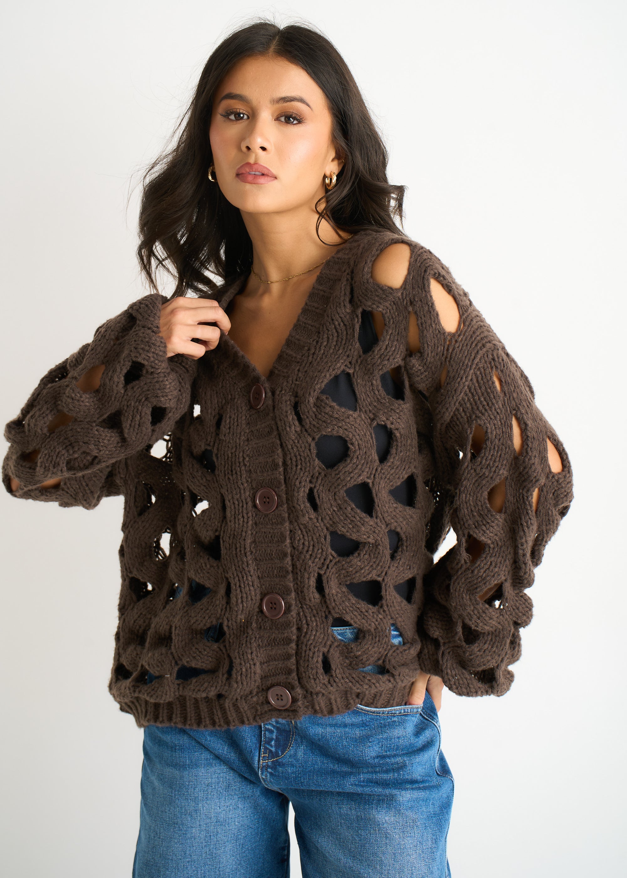 Chocolate Hollow Chunky Knit Cardigan