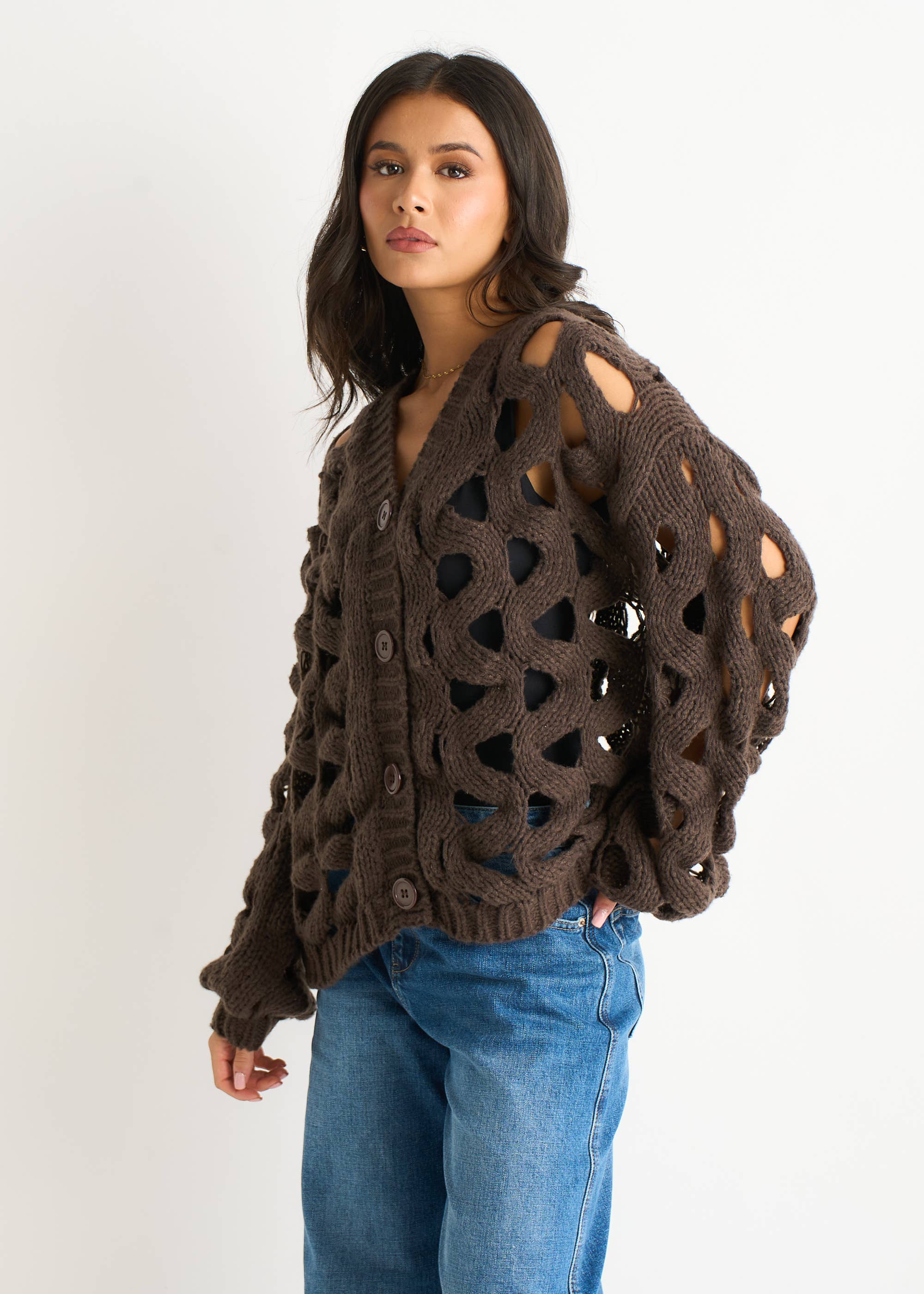Chocolate Hollow Chunky Knit Cardigan