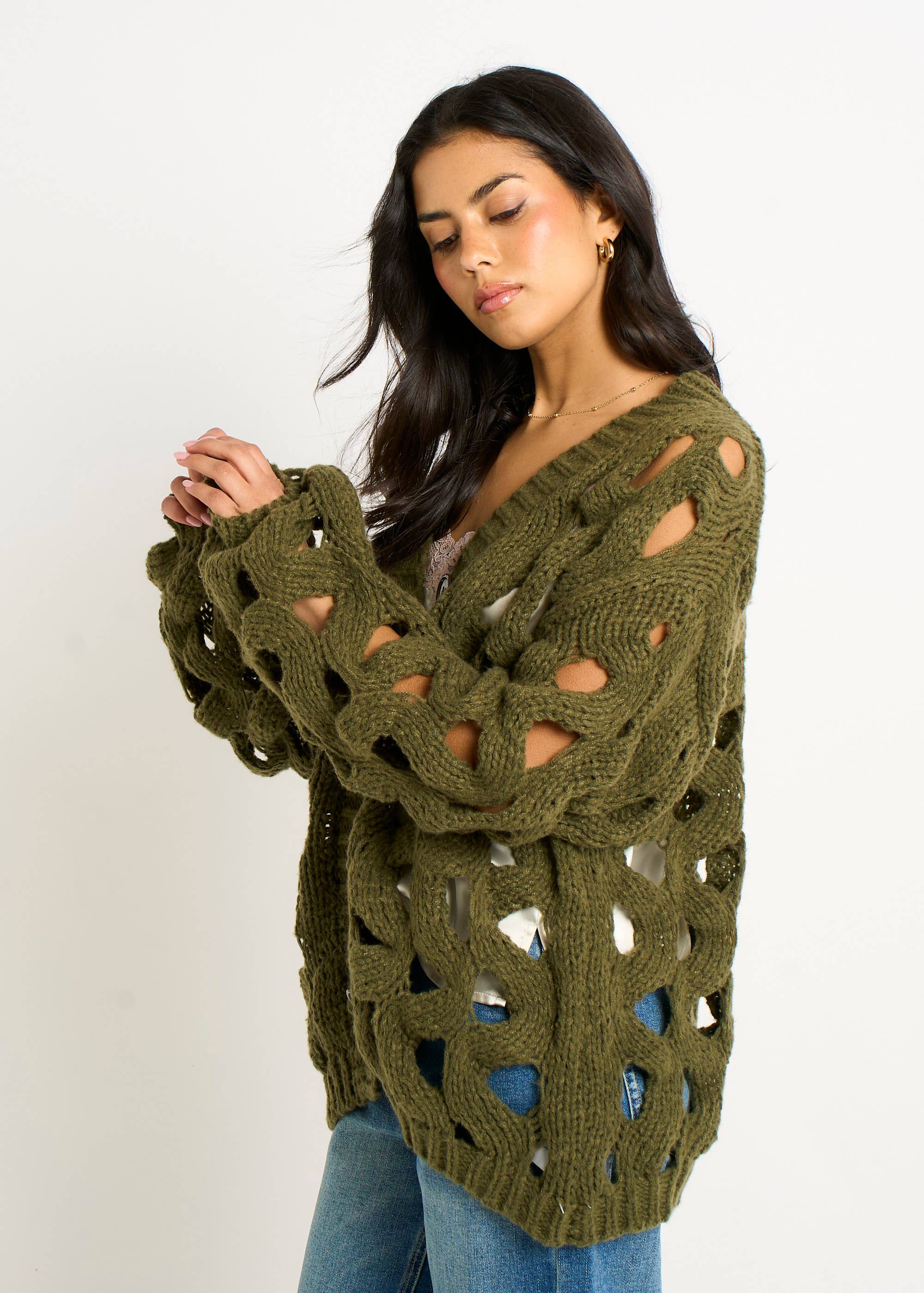 Khaki Hollow Chunky Knit Cardigan