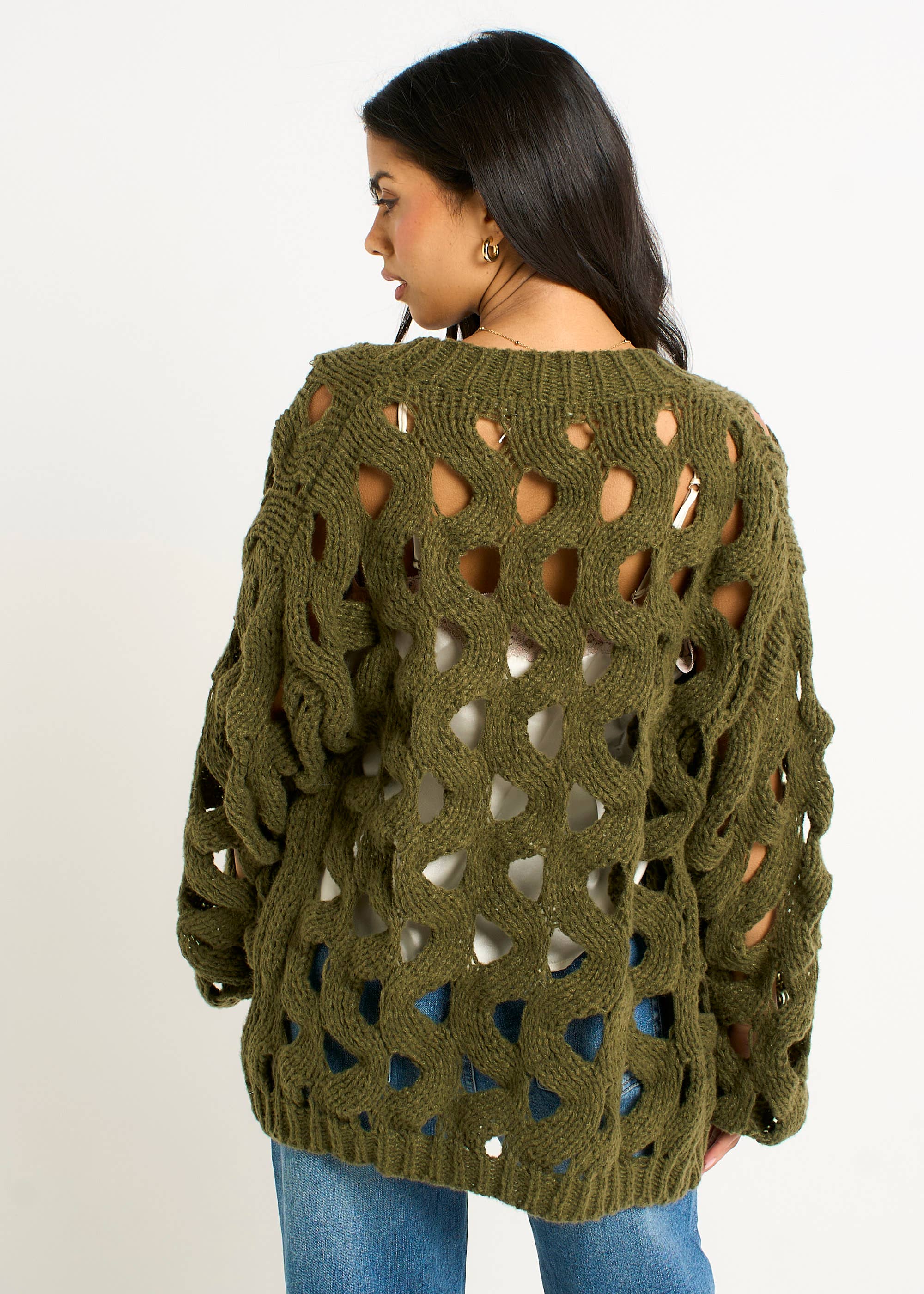 Khaki Hollow Chunky Knit Cardigan