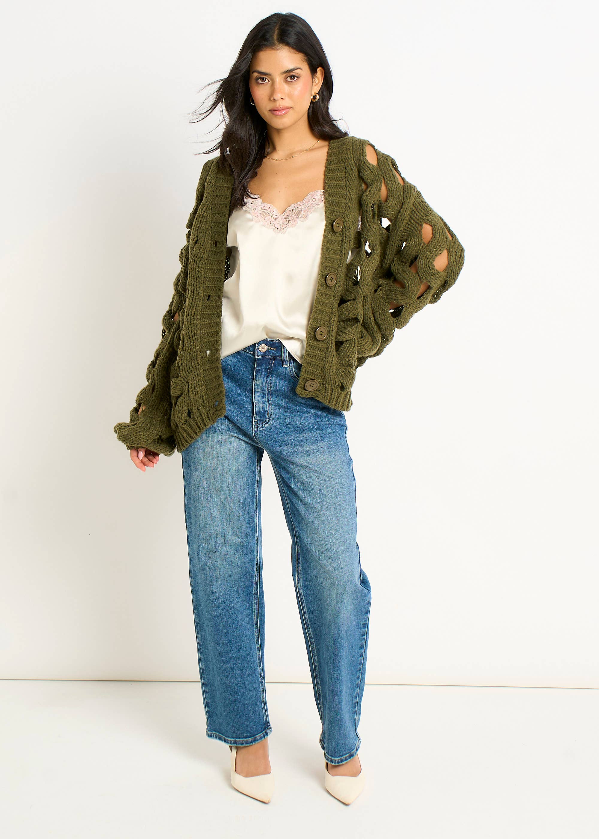 Khaki Hollow Chunky Knit Cardigan