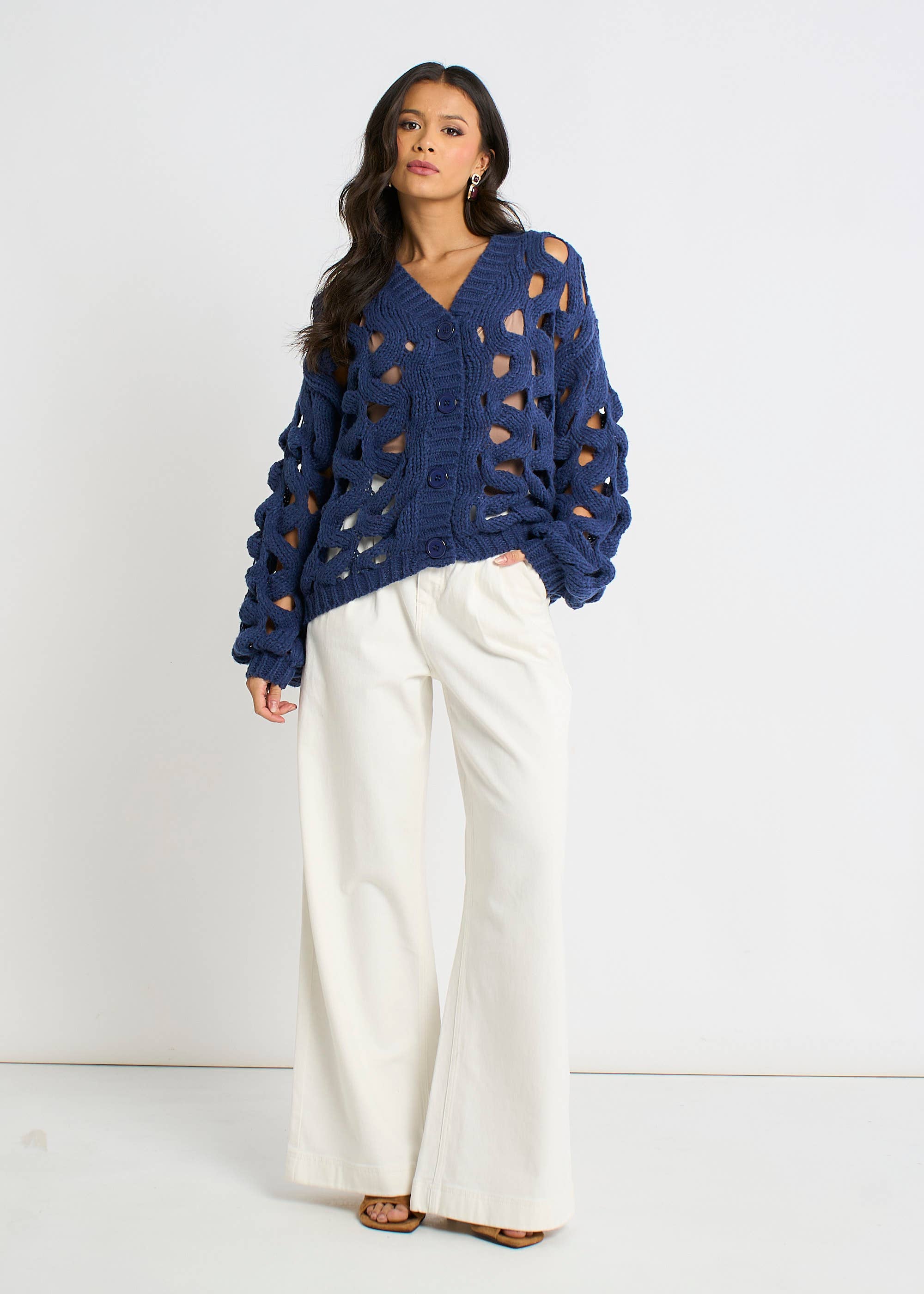 Navy Hollow Chunky Knit Cardigan