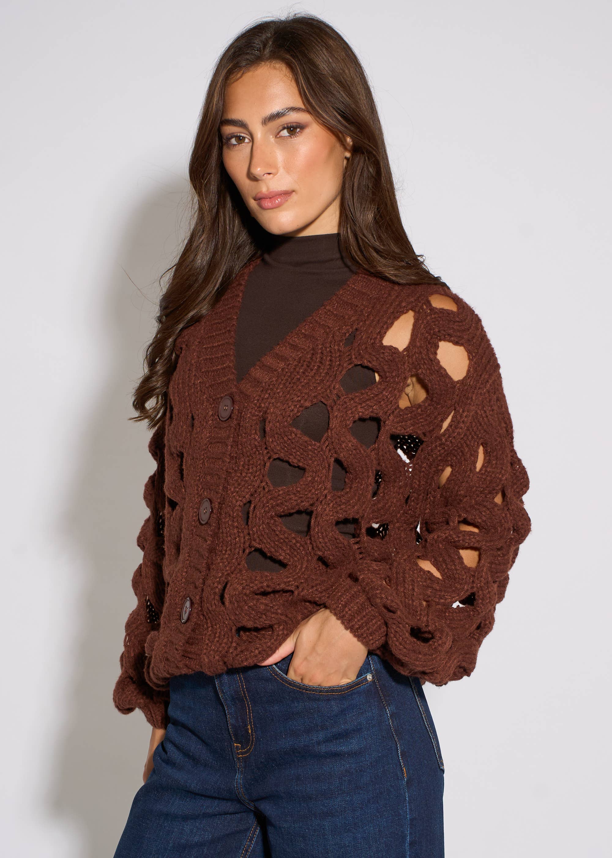 Rust Hollow Chunky Knit Cardigan