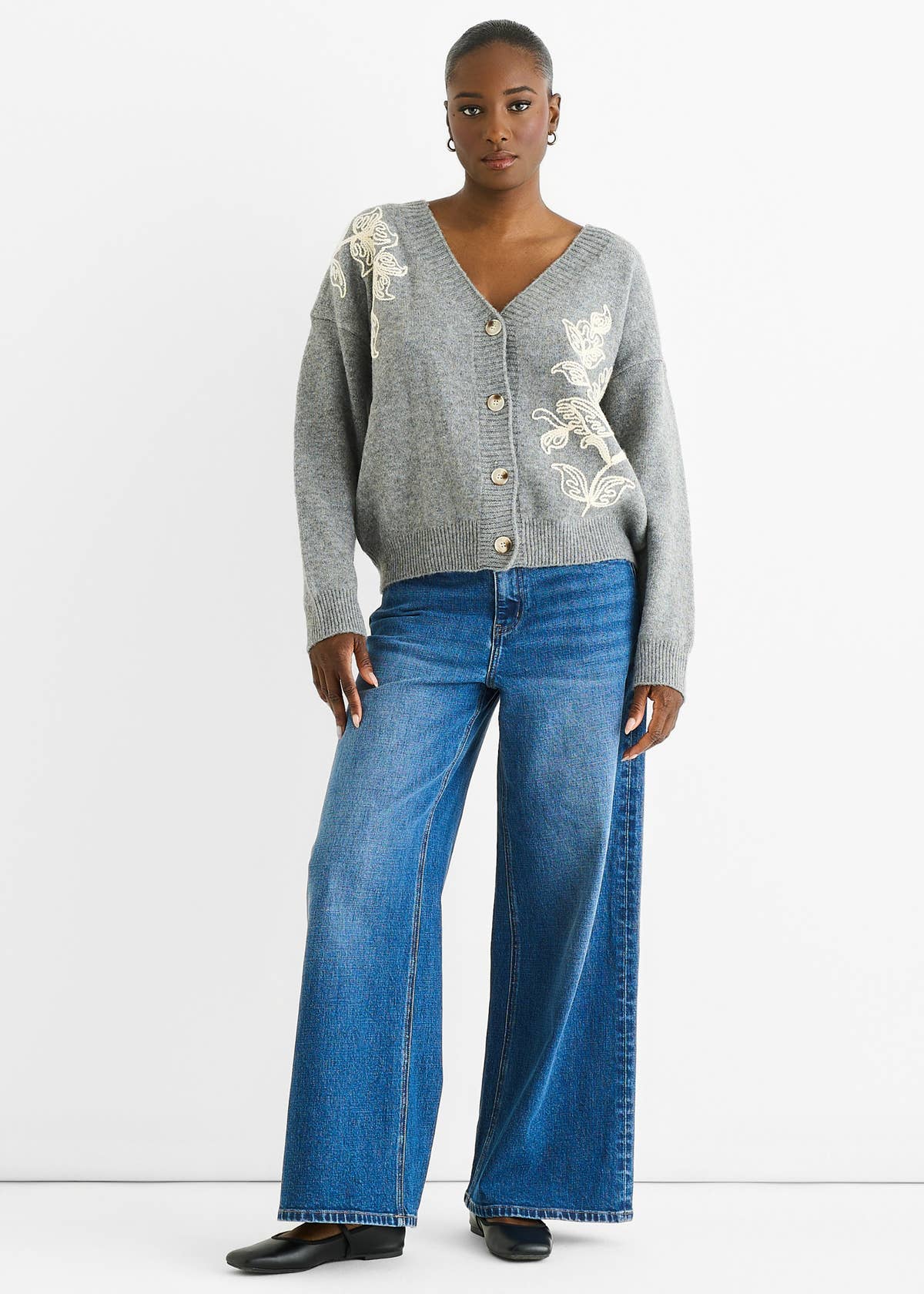 Grey Floral Appliqué Wool Mix Cardigan – View 2 | Gini London