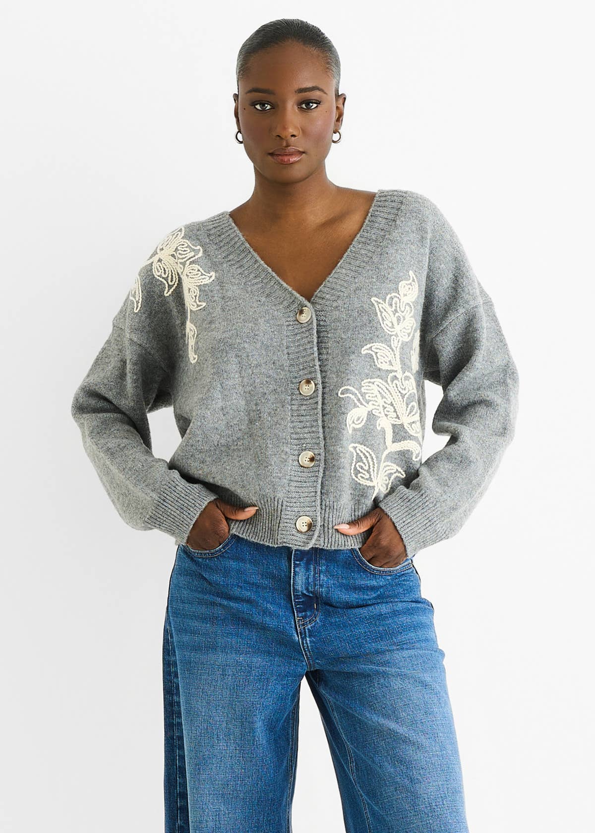 Grey Floral Appliqué Wool Mix Cardigan – View 1 | Gini London