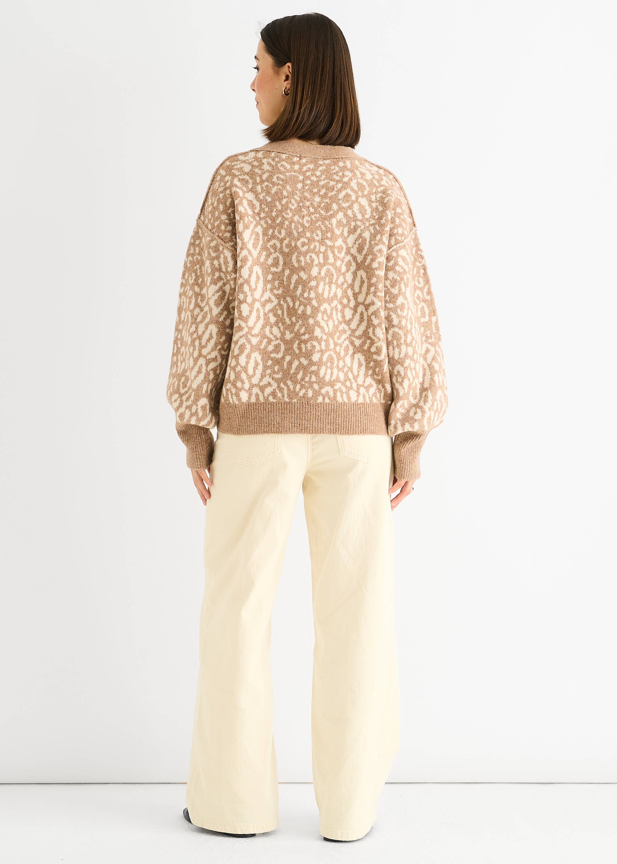 Camel Animal Print Wool Mix Cardigan Look Jumper