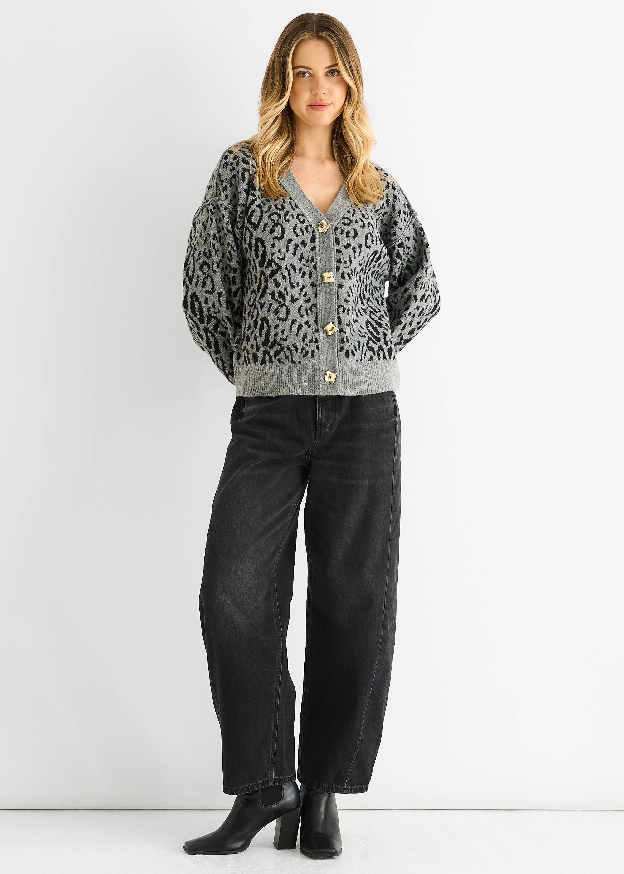Grey Animal Print Wool Mix Cardigan Look Jumper