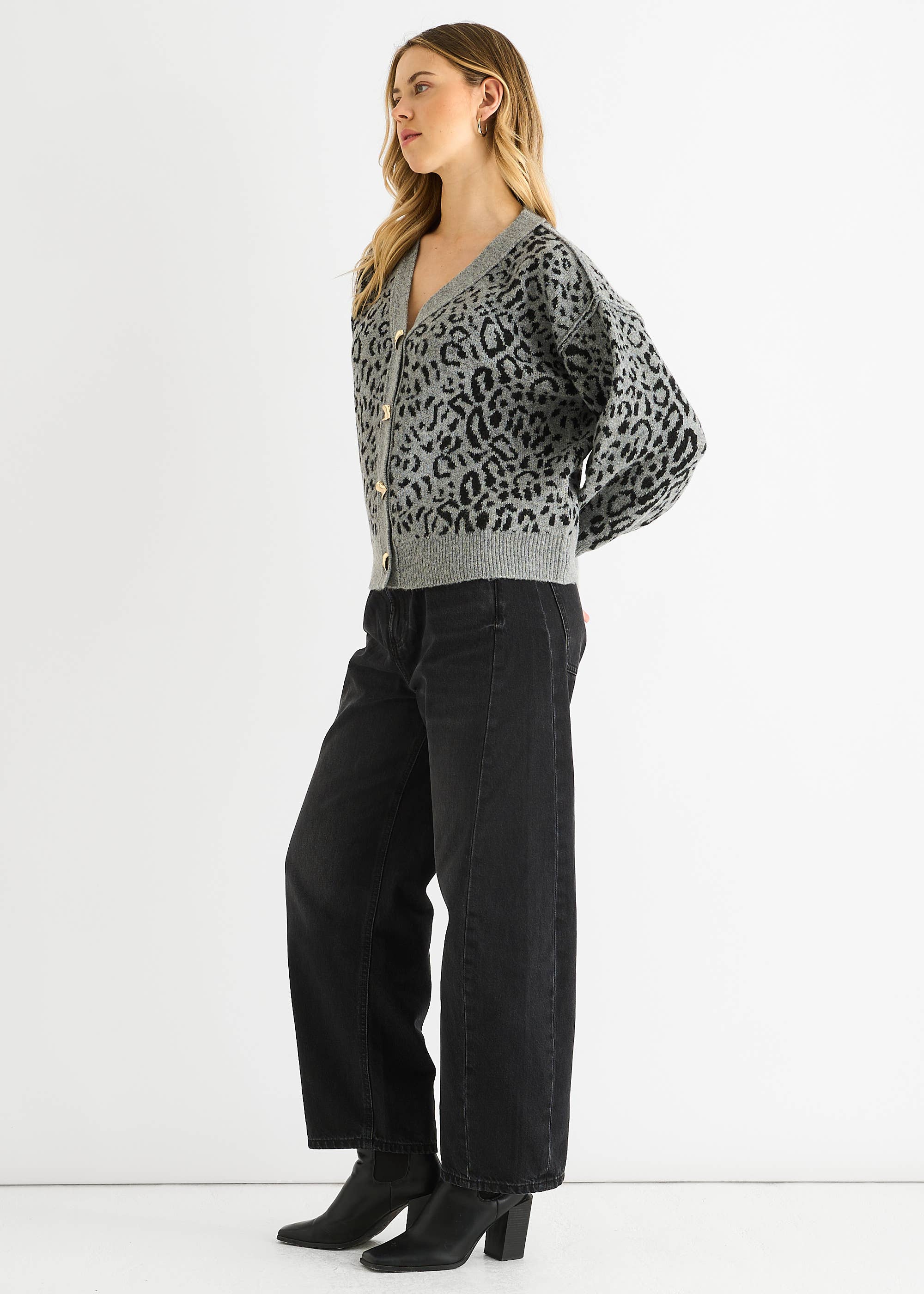 Grey Animal Print Wool Mix Cardigan Look Jumper