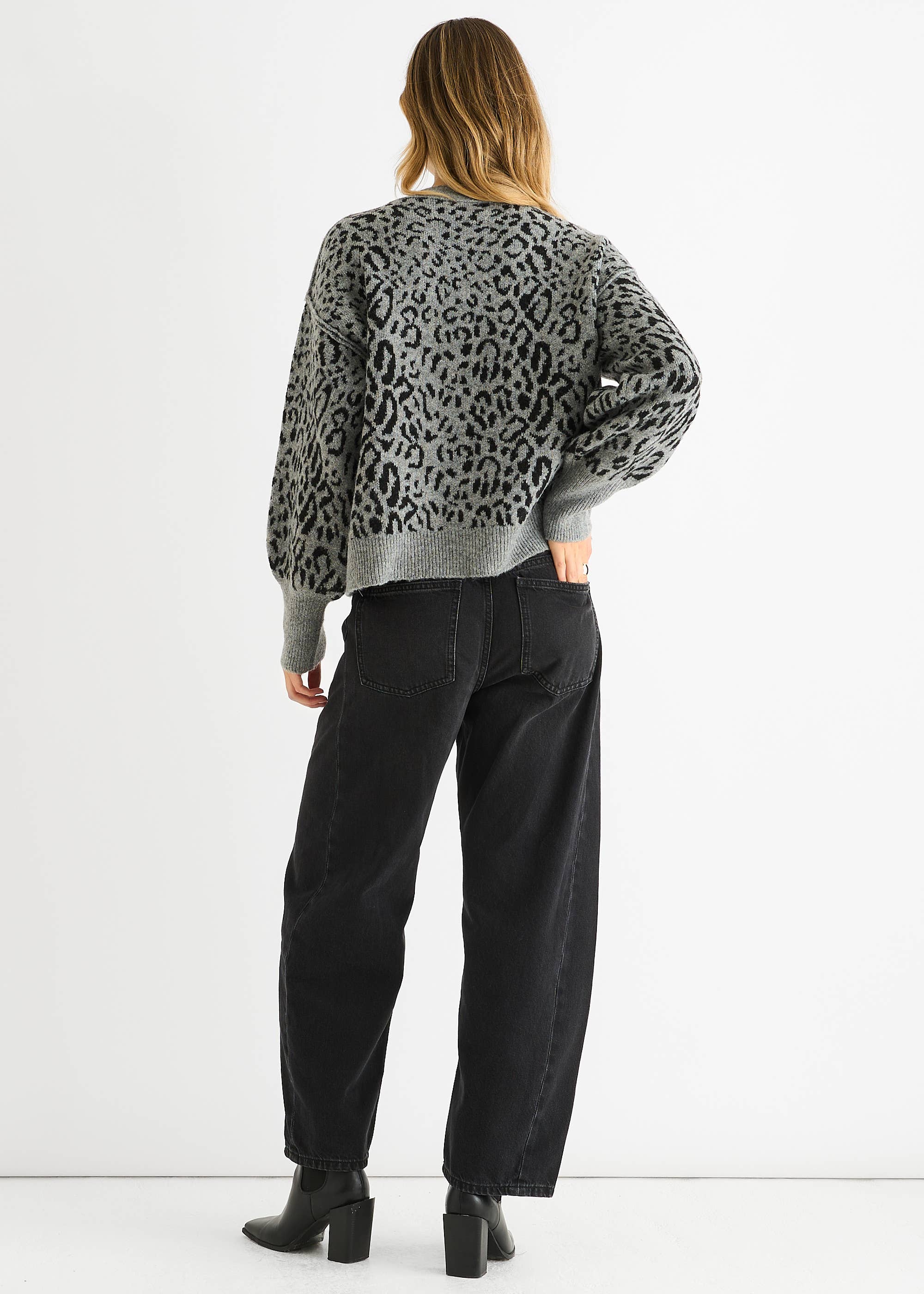 Grey Animal Print Wool Mix Cardigan Look Jumper