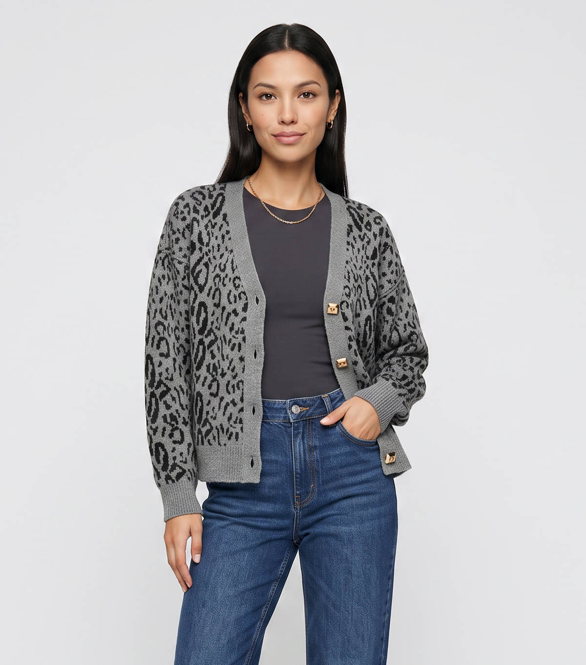 Grey Animal Print Wool Mix Cardigan