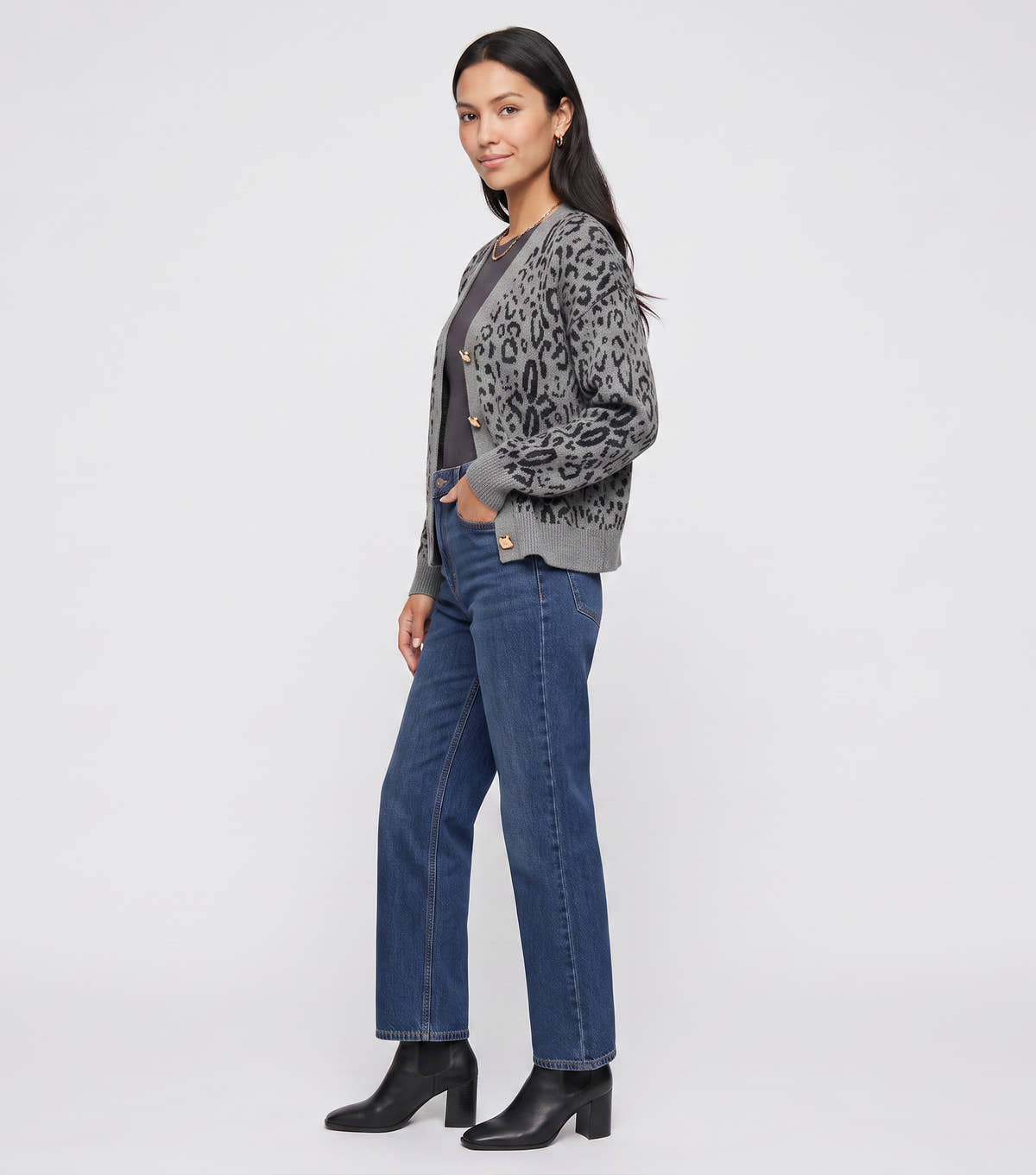 Grey Animal Print Wool Mix Cardigan