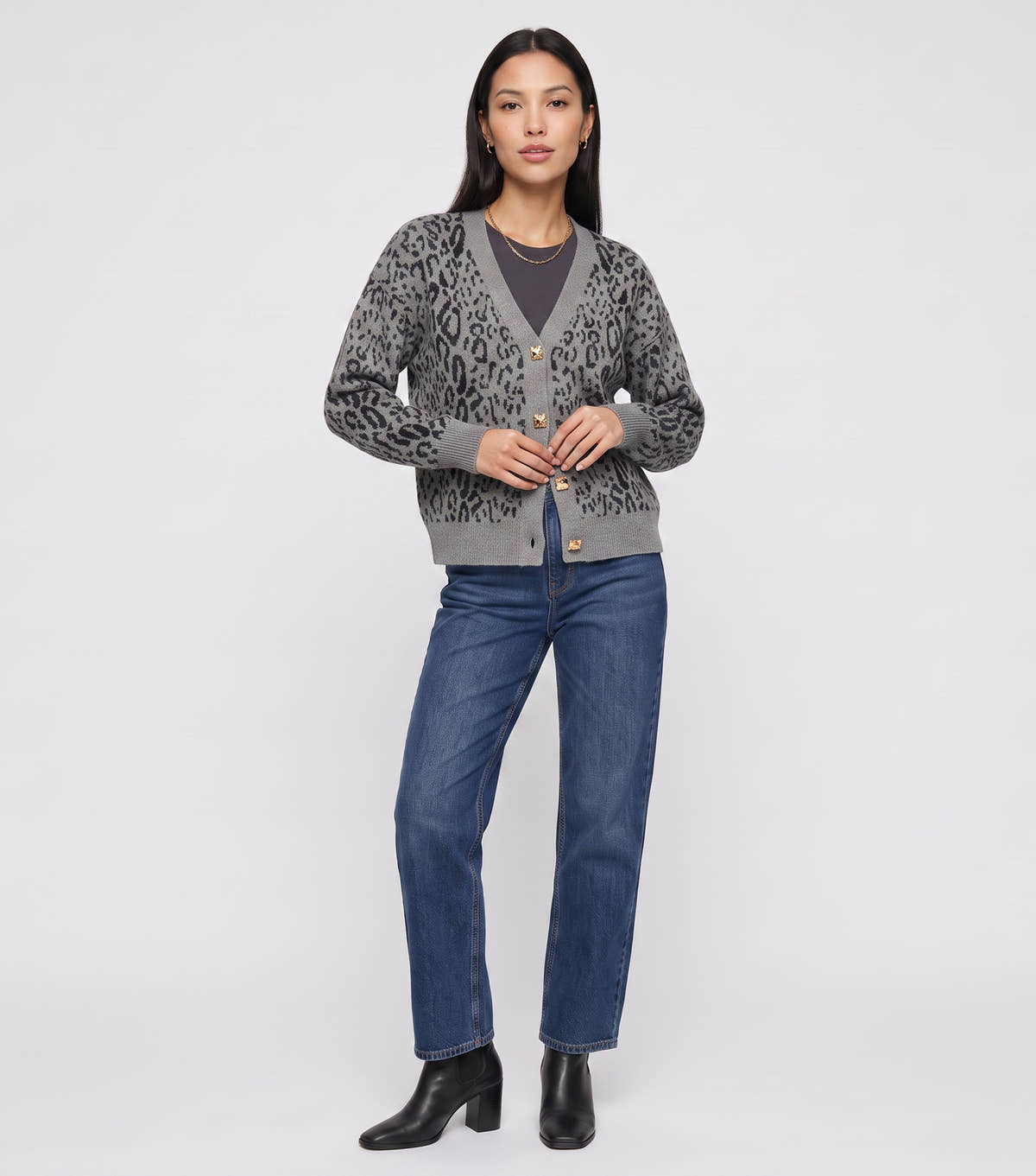 Grey Animal Print Wool Mix Cardigan