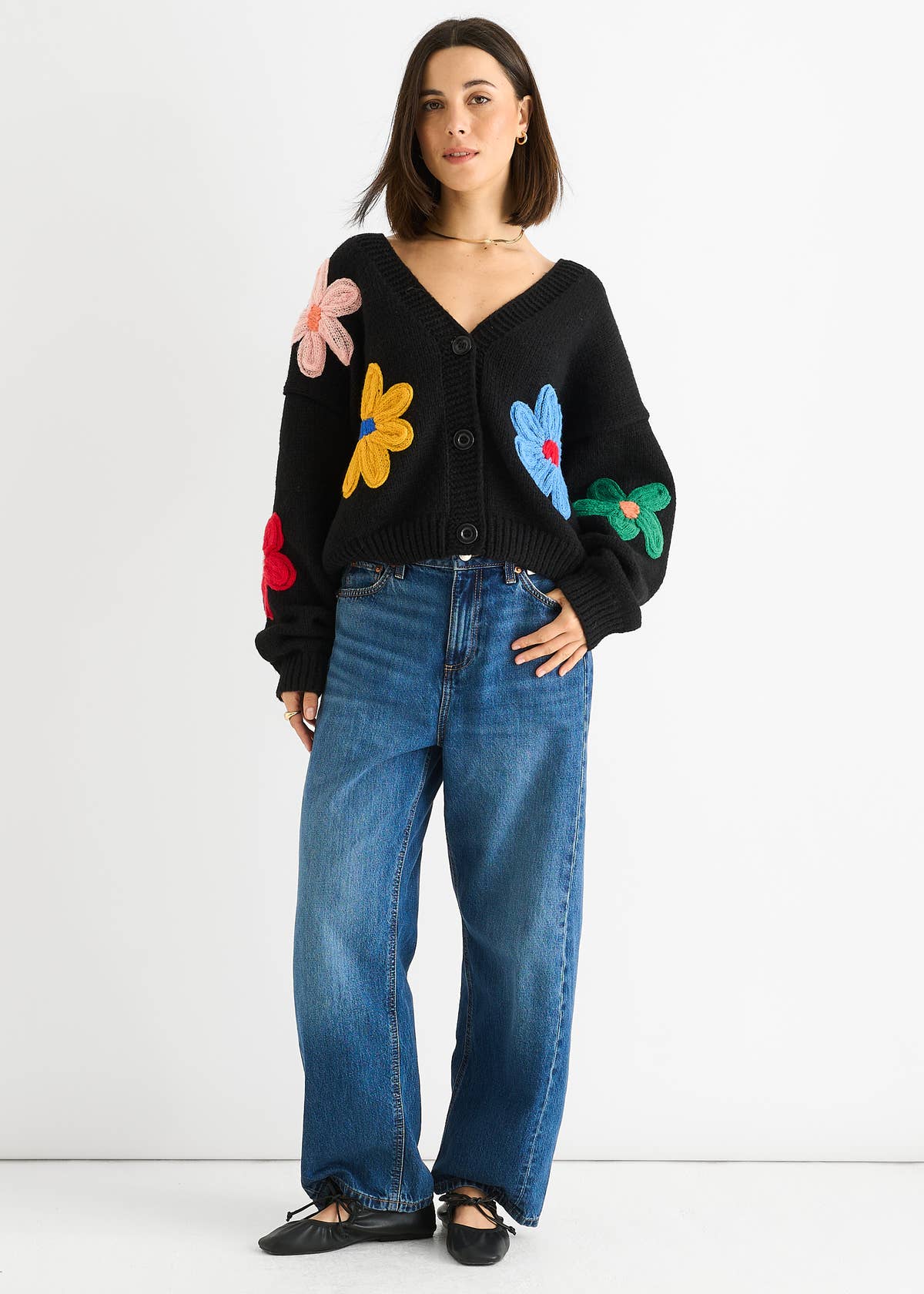 Black Floral Knit Long Sleeves Cardigan – View 1 | Gini London