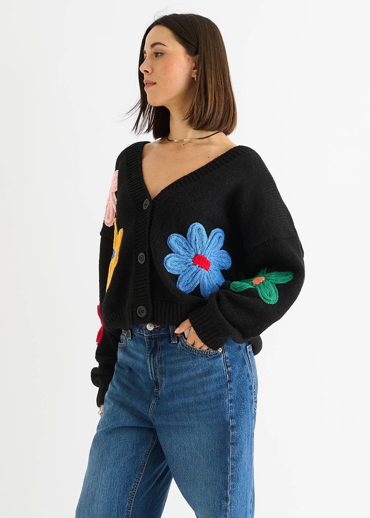 Black Floral Knit Long Sleeves Cardigan – View 2 | Gini London