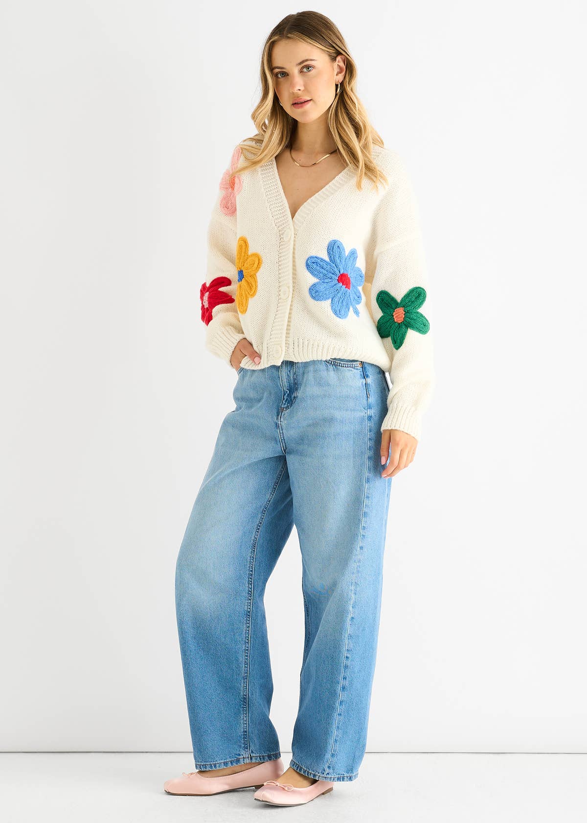 Cream Floral Knit Long Sleeve Cardigan – View 1 | Gini London