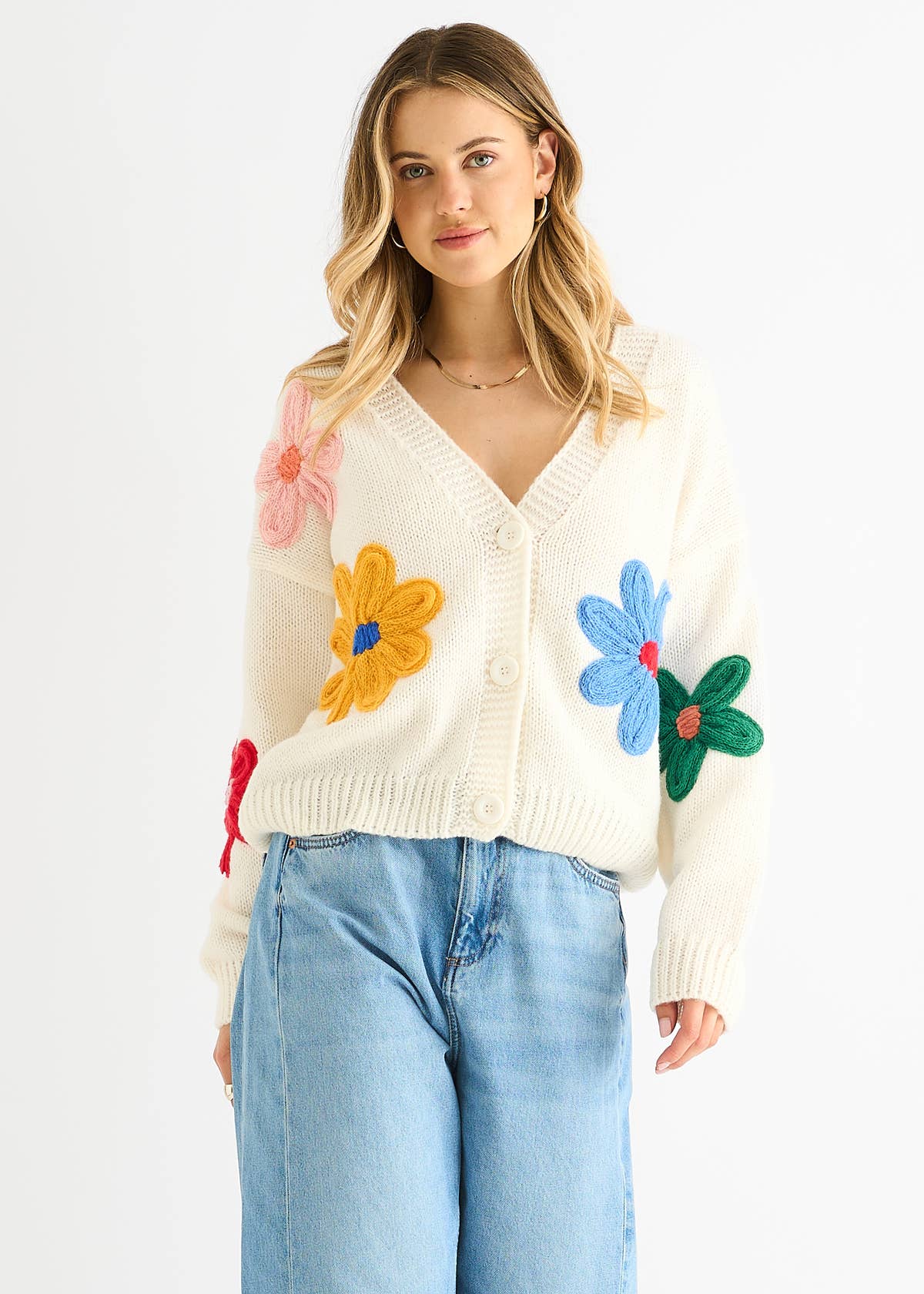 Cream Floral Knit Long Sleeve Cardigan – View 3 | Gini London