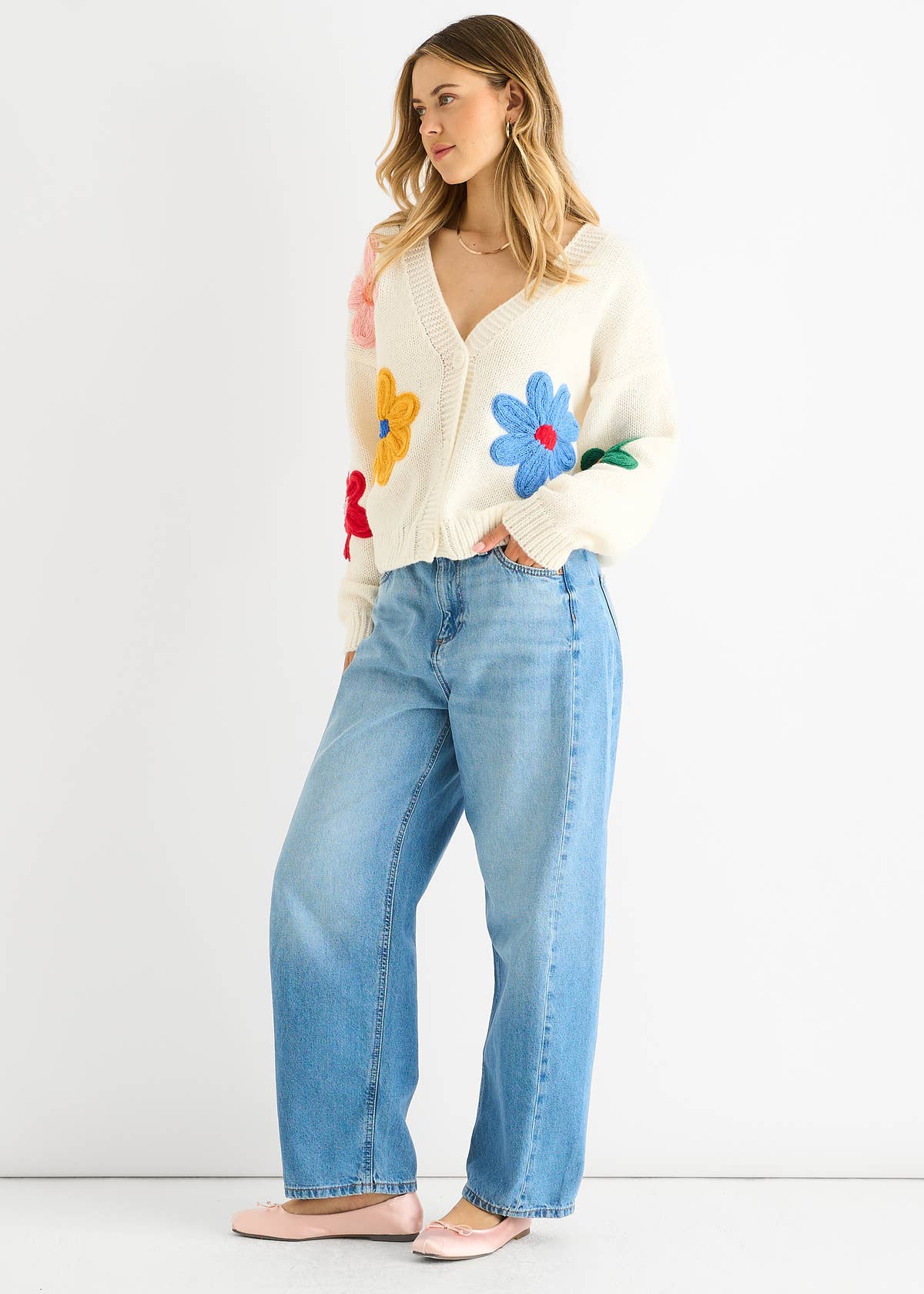 Cream Floral Knit Long Sleeve Cardigan – View 4 | Gini London