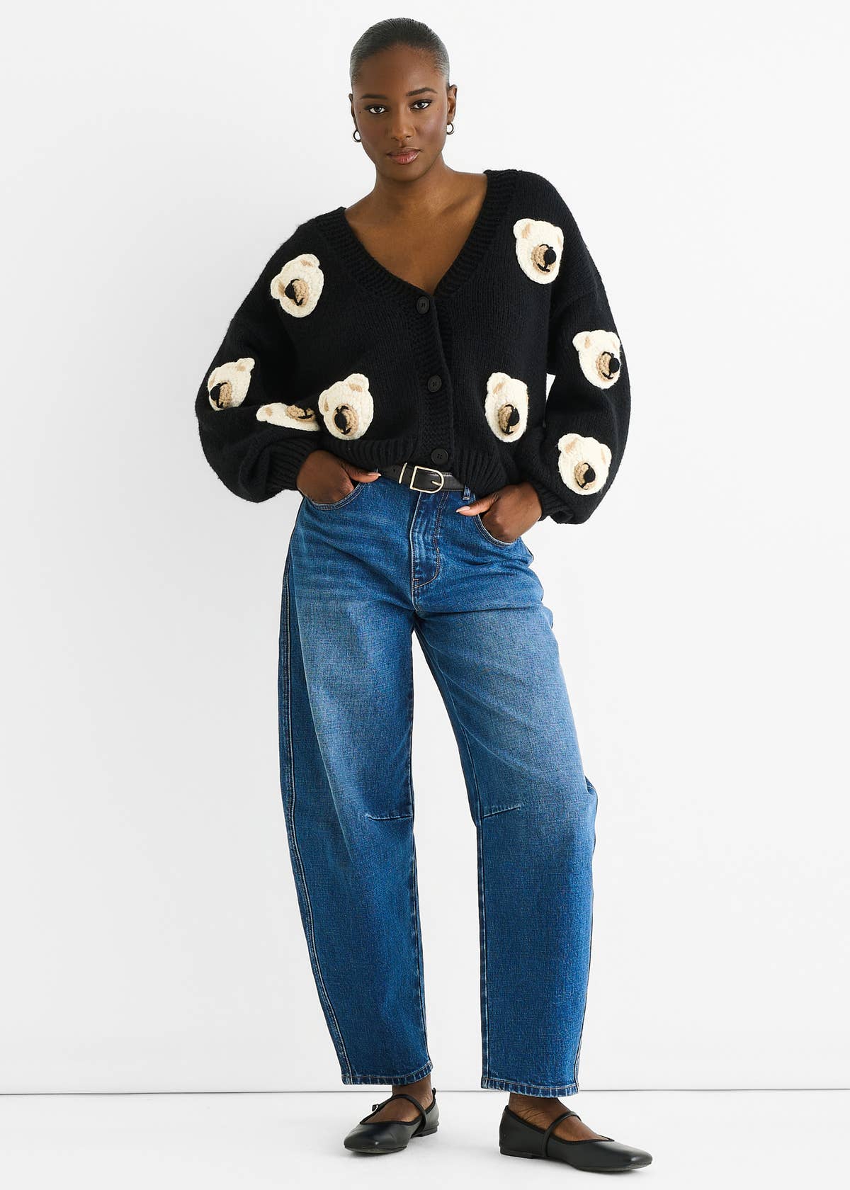 Black 3D Contrast Teddy Crochet Cardigan – View 1 | Gini London
